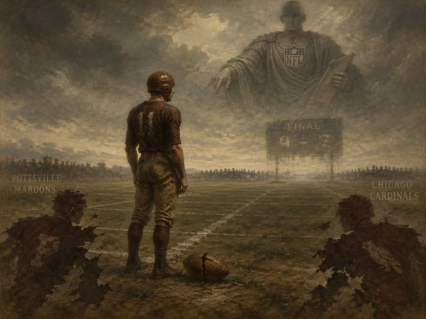 A lone classical athlete in vintage football gear stands on a desolate field beneath a gray sky, with ghostly shadows of opposing teams and a looming faceless authority figure above, symbolizing the Pottsville Maroons’ lost 1925 championship amid controversy.