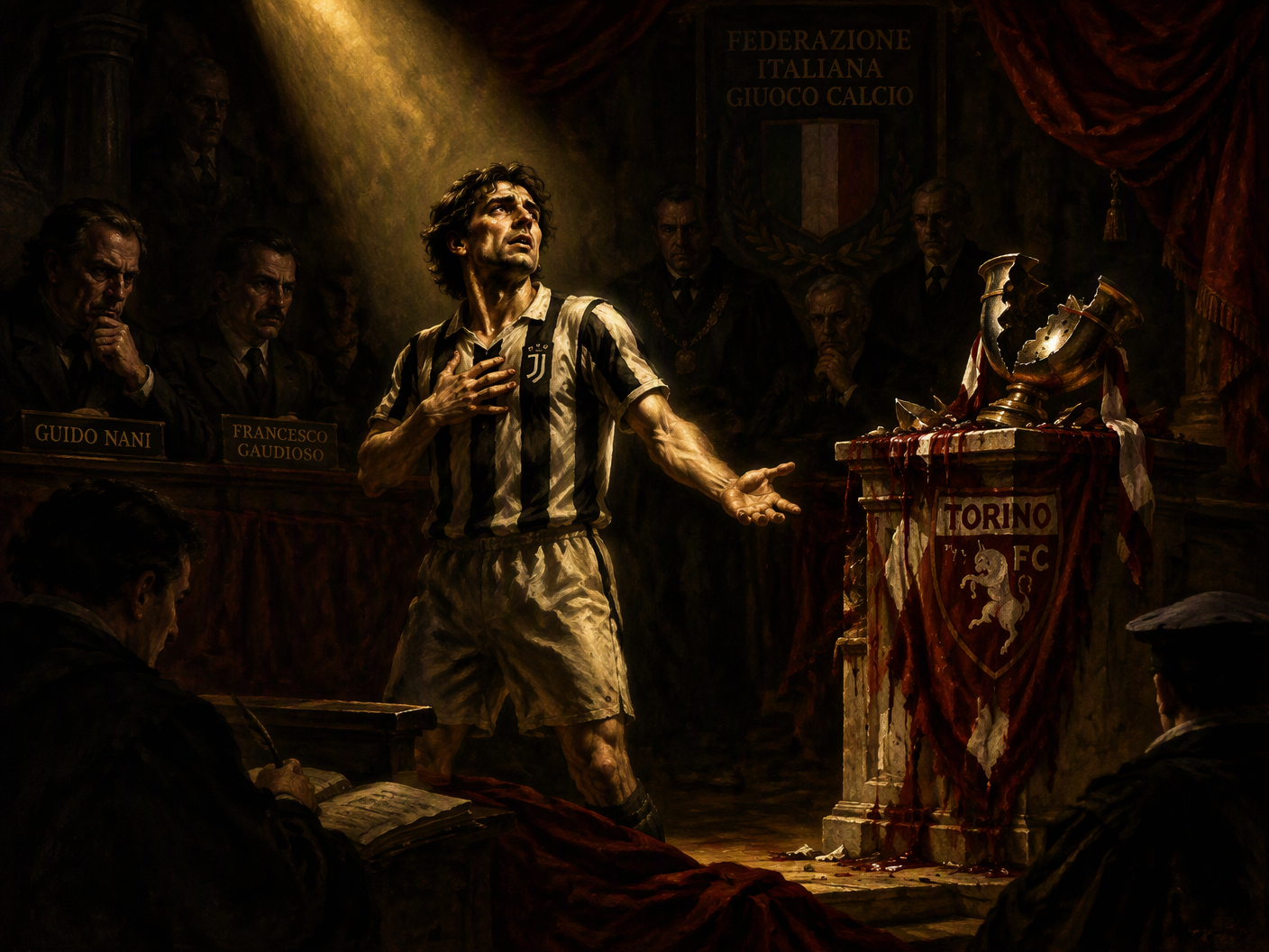 Baroque-style painting of Luigi Allemandi illuminated amid dark shadows, with a broken Torino championship trophy at center and solemn figures encircling in a dramatic courtroom setting, symbolizing the 1927 fixing scandal and moral judgment.