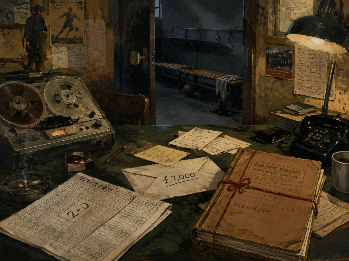 A gouache painting of a dim 1960s betting and newspaper office with a reel-to-reel tape recorder, football result sheet showing 2–0, betting slips, a payment envelope, and a sealed courtroom file on a green table; an empty dressing-room bench recedes into shadow.