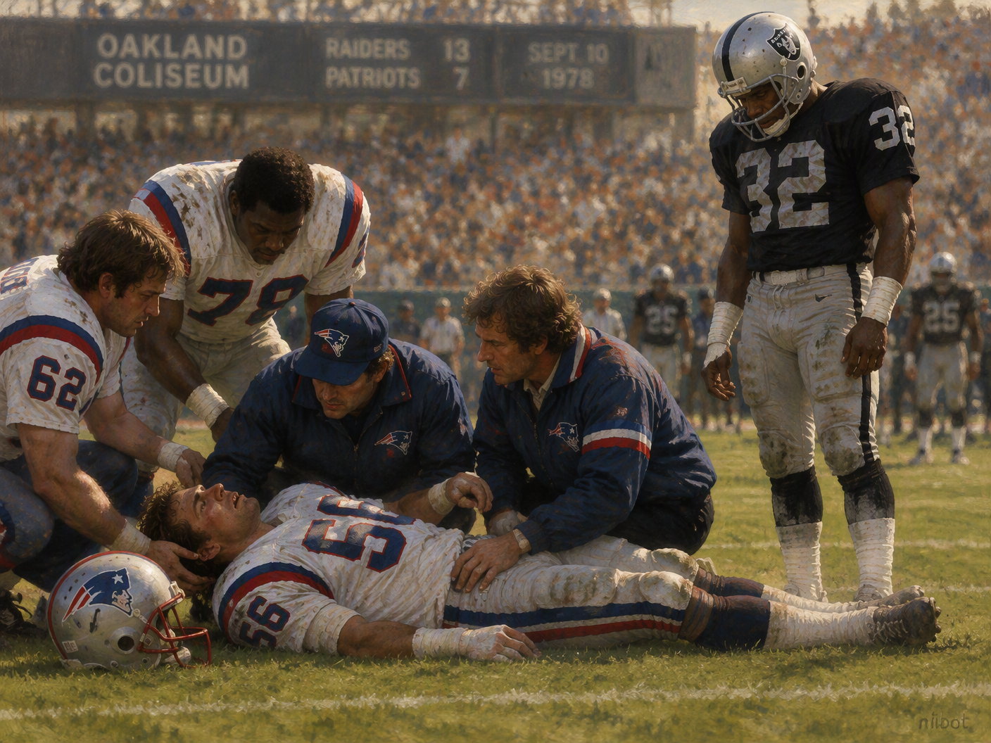 At a 1978 Oakland Coliseum football game, New England Patriots receiver Darryl Stingley lies injured on the field after a hit by Oakland Raiders safety Jack Tatum. Teammates and trainers gather around Stingley with concerned expressions, while Tatum stands nearby looking somber and conflicted, capturing the tragic human cost of the collision.