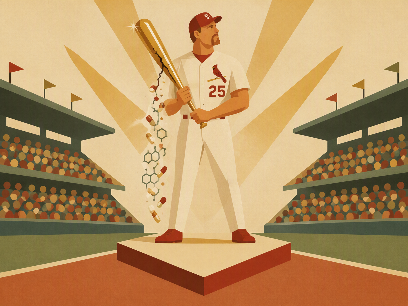 Mid-century modern illustration of Mark McGwire standing at home plate shaped like a podium, holding a cracked golden baseball bat that leaks stylized steroid capsules, framed by simplified fans in the stadium stands, symbolizing his 70 home runs and later steroid admission.