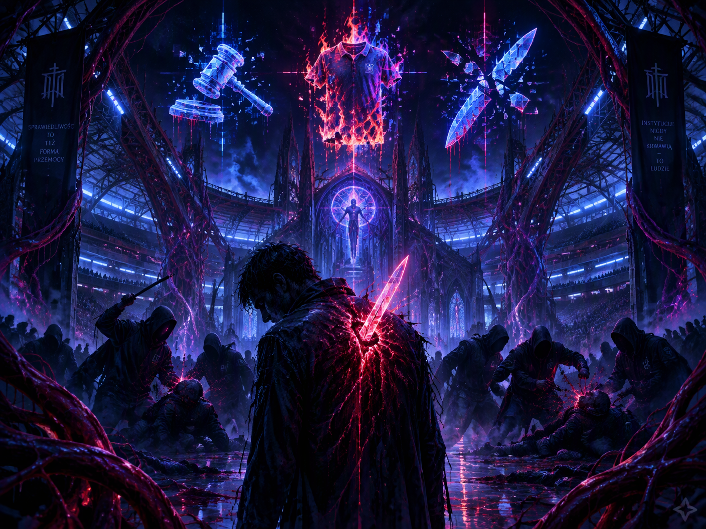 A gothic neon fantasy digital illustration showing a dystopian stadium transformed into a haunted cathedral. Central is a ghostly figure wounded in the back amid a violent brawl of faceless hooded figures beneath neon-lit steel arches. Symbols of broken justice—shattered gavel, burning shirt, broken knife—float above, glowing in dark purples and blues with flashes of red.