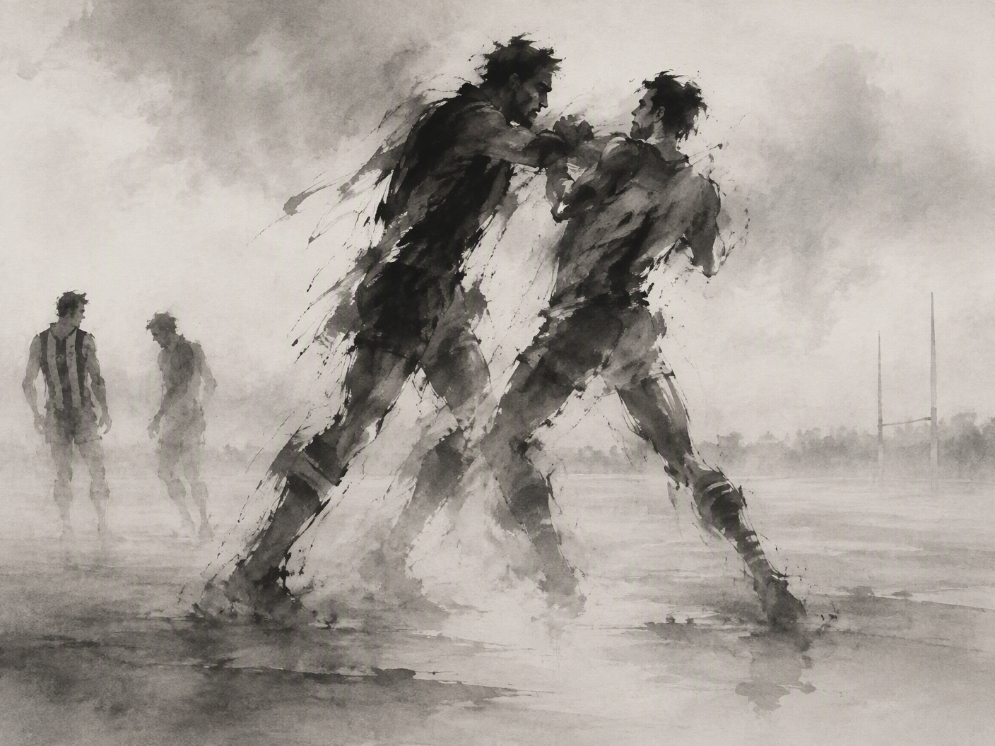 An abstract ink wash depiction of two large figures in conflict on a misty sports field, rendered with calligraphic brush strokes and surrounded by empty space, symbolizing the 2004 Grand Final fight between Alastair Lynch and Darryl Wakelin.