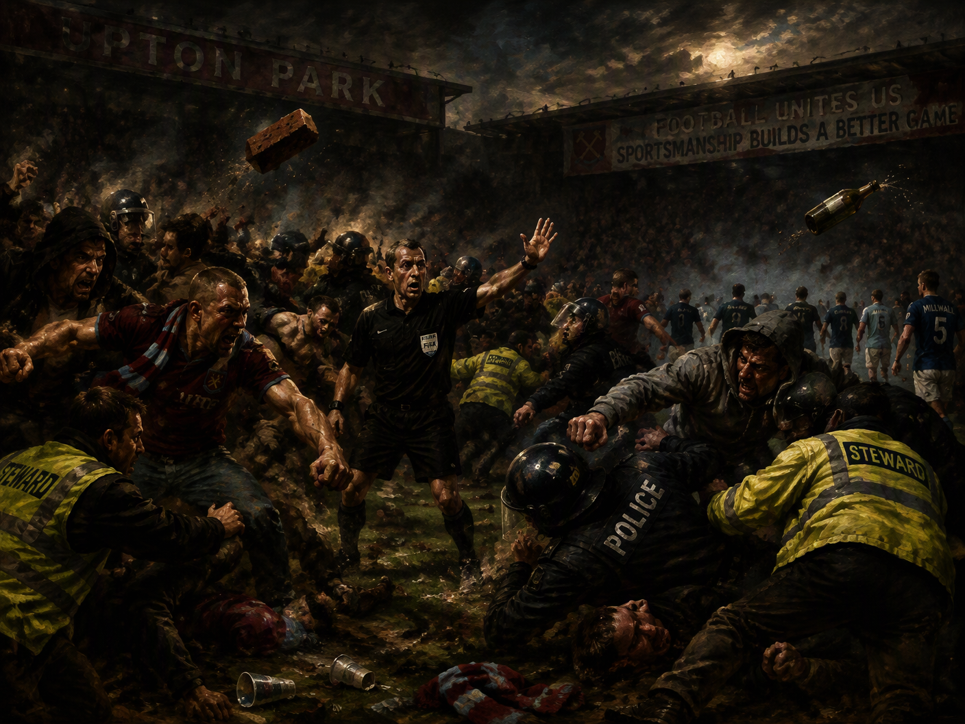 Baroque-style painting showing violent pitch invasion at 2009 West Ham vs. Millwall match, with angry fans clashing against stewards and police inside a dimly lit stadium, highlighting chaos and confrontation.
