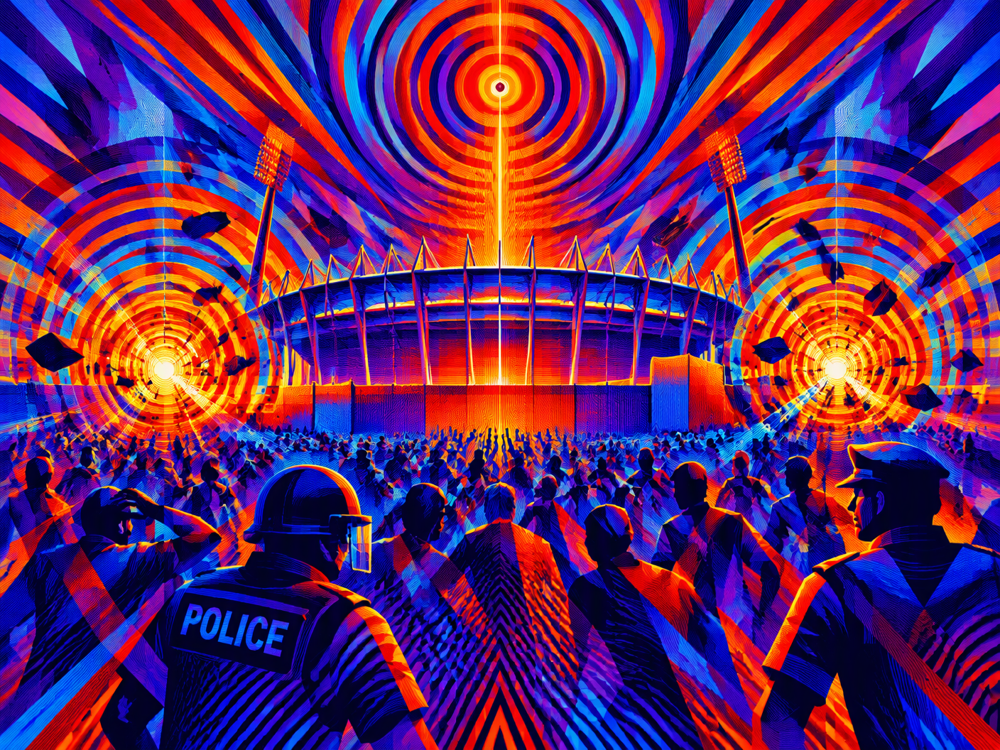 Abstract chromatic op art image showing radiant concentric bursts and fragmented geometry symbolizing two low-intensity explosions near a stadium, with glowing outlines hinting at a crowd and security, rendered in fiery reds and cool blues to evoke tension and emotional intensity.