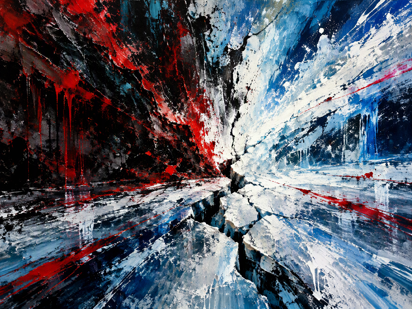 Abstract expressionist painting with bold, dynamic brushstrokes and poured paint in blues, whites, reds, and blacks, symbolizing intense emotional pressure and breakthrough, evoking the Los Angeles Kings' comeback win in the 2014 NHL playoffs.