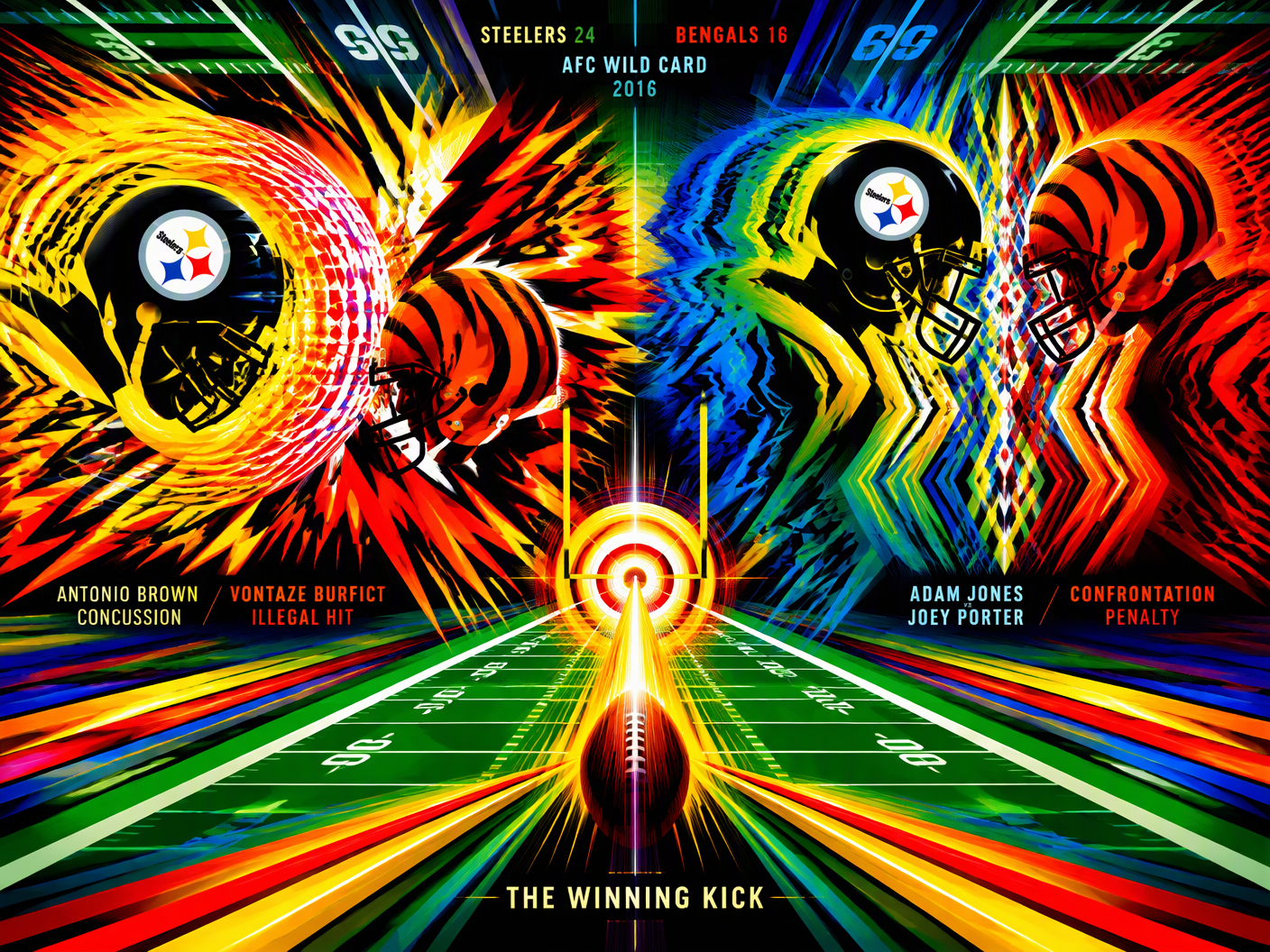 Abstract op art illustration depicting the intense, chaotic moments of the 2016 AFC Wild Card game climax, showing radiant geometric forms symbolizing Antonio Brown’s concussion, Vontaze Burfict’s illegal hit, and the confrontation leading to decisive penalties and a winning field goal.