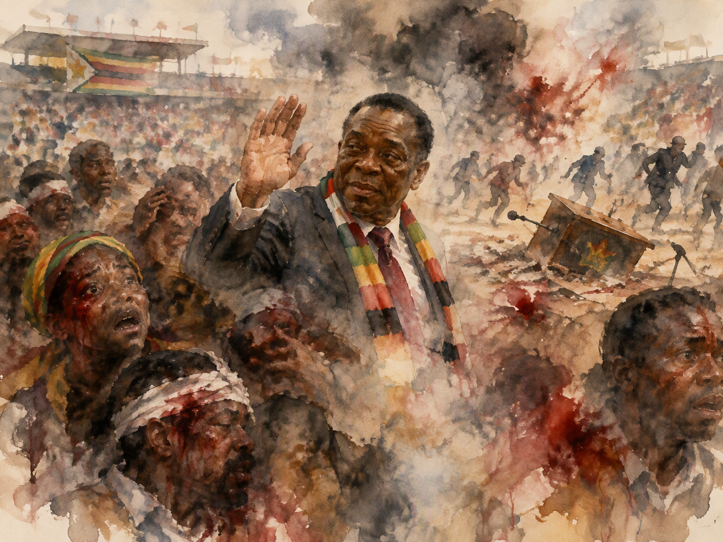 An abstract watercolor painting showing President Mnangagwa turning away from a rally podium where an explosion just occurred; intimate faces of shocked onlookers dissolve into smoky pigment blooms, suggesting chaos and emotional fracture.