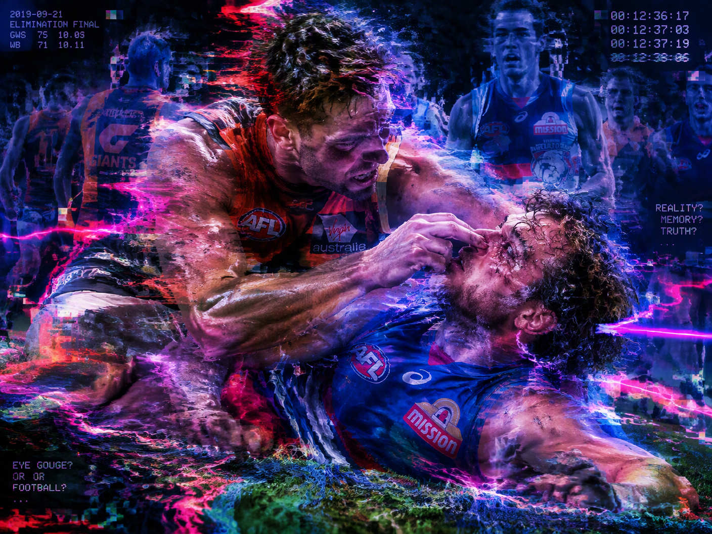 A surreal digital artwork showing two Australian football players locked in a distorted struggle on a melting turf, with pixel displacement and neon glitches emphasizing tension and an alleged eye gouge during a 2019 elimination final match.