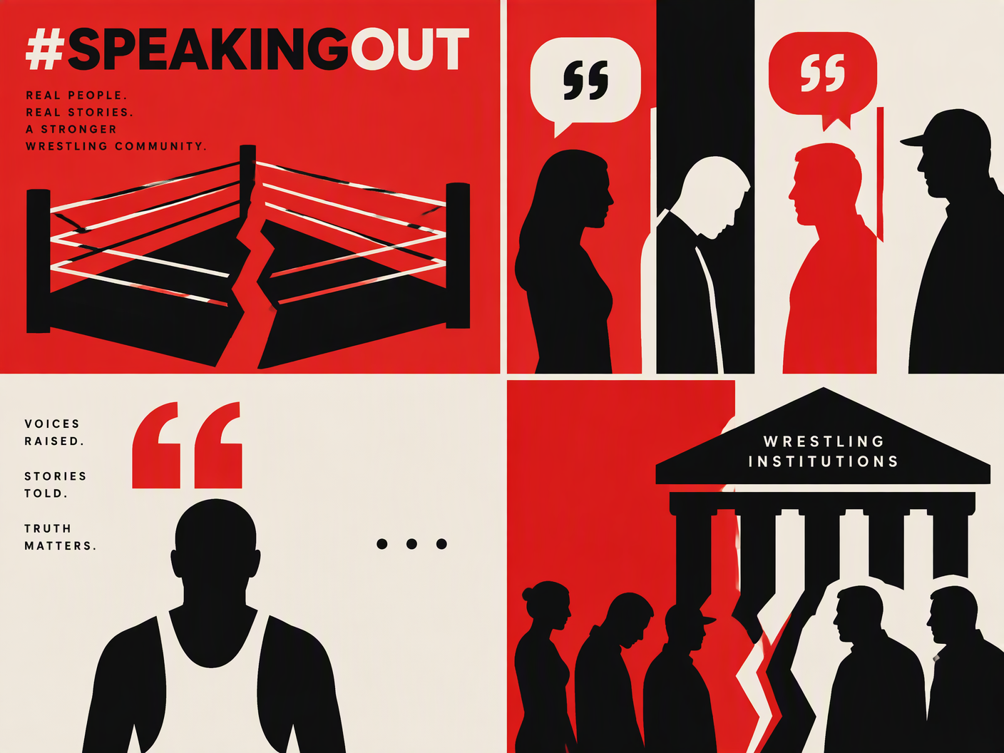 Abstract Bauhaus-style image featuring a broken wrestling ring, divided silhouetted figures separated by negative space, and speech bubble icons in primary colors red, black, and white, symbolizing the disruption and voices of the #SpeakingOut movement in wrestling.