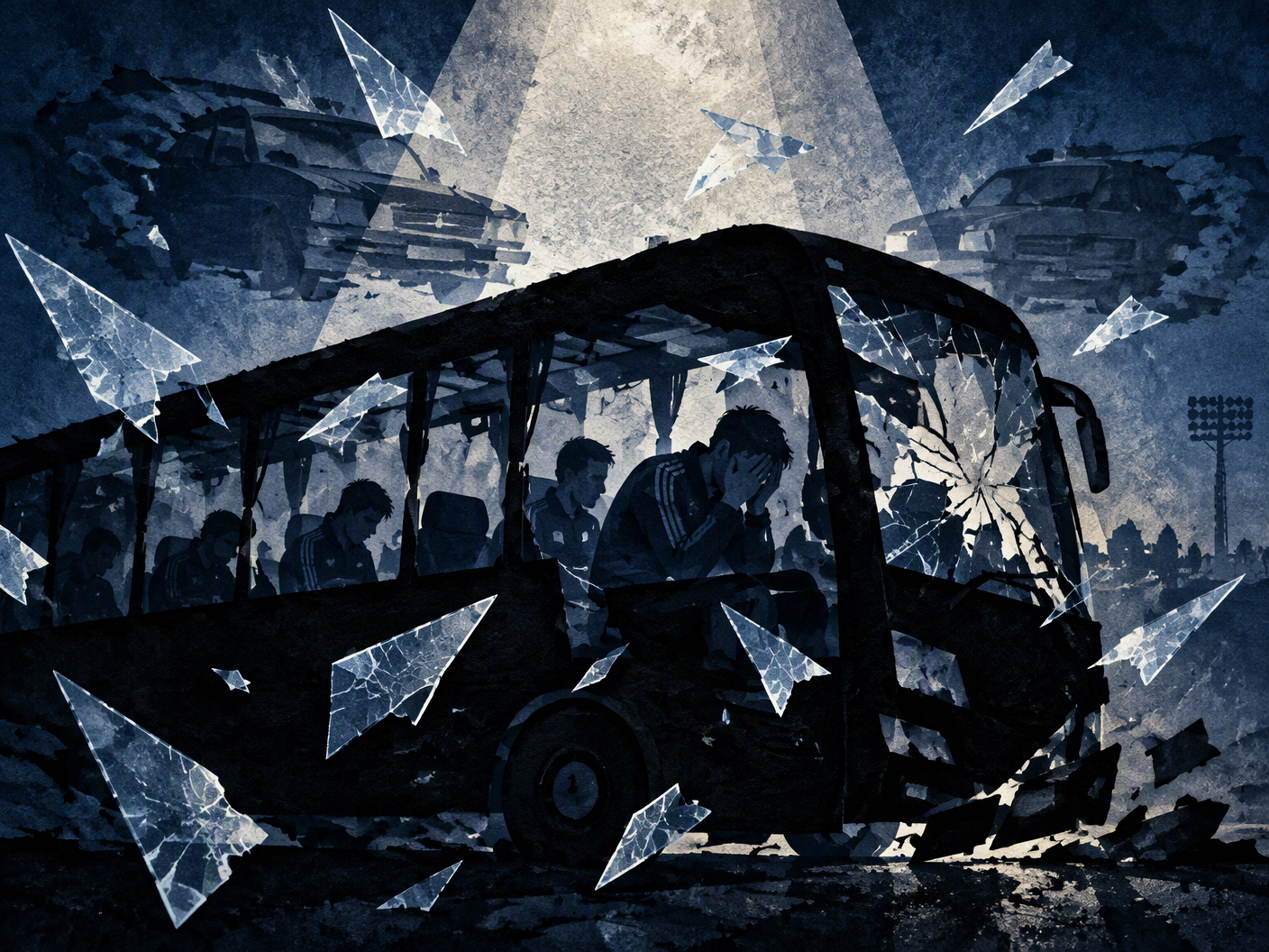 Silhouette cut-paper art showing a shattered team bus with floating glass shards and shadowy player figures inside, two ghostly cars behind, evoking an explosive attack and its haunting aftermath.