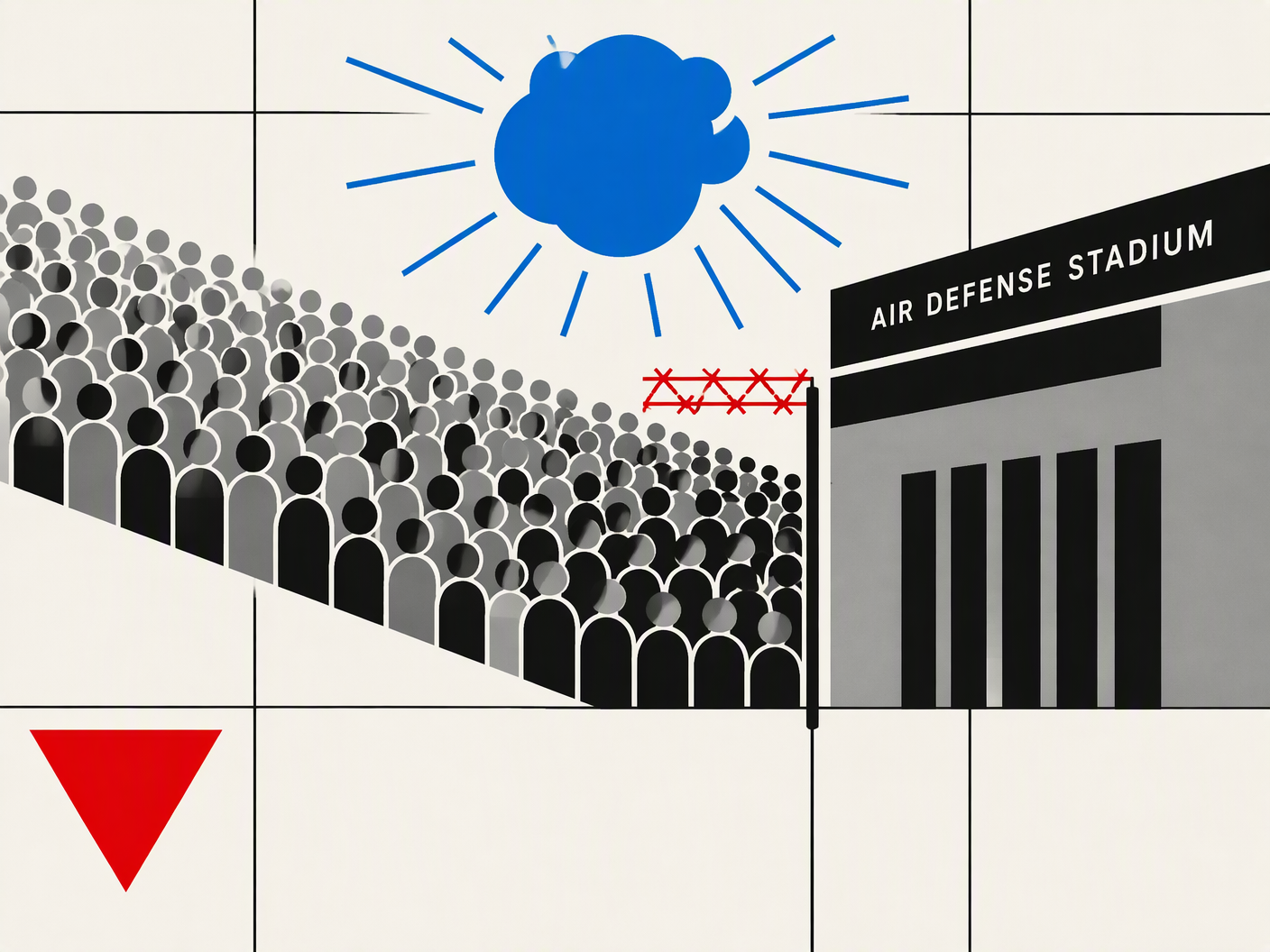 Graphic Bauhaus-style image showing a narrow barred entrance with stylized tight crowd forms pushing against it, a blue tear gas cloud above, and a red danger triangle, symbolizing the fatal crowd crush outside Cairo’s stadium.