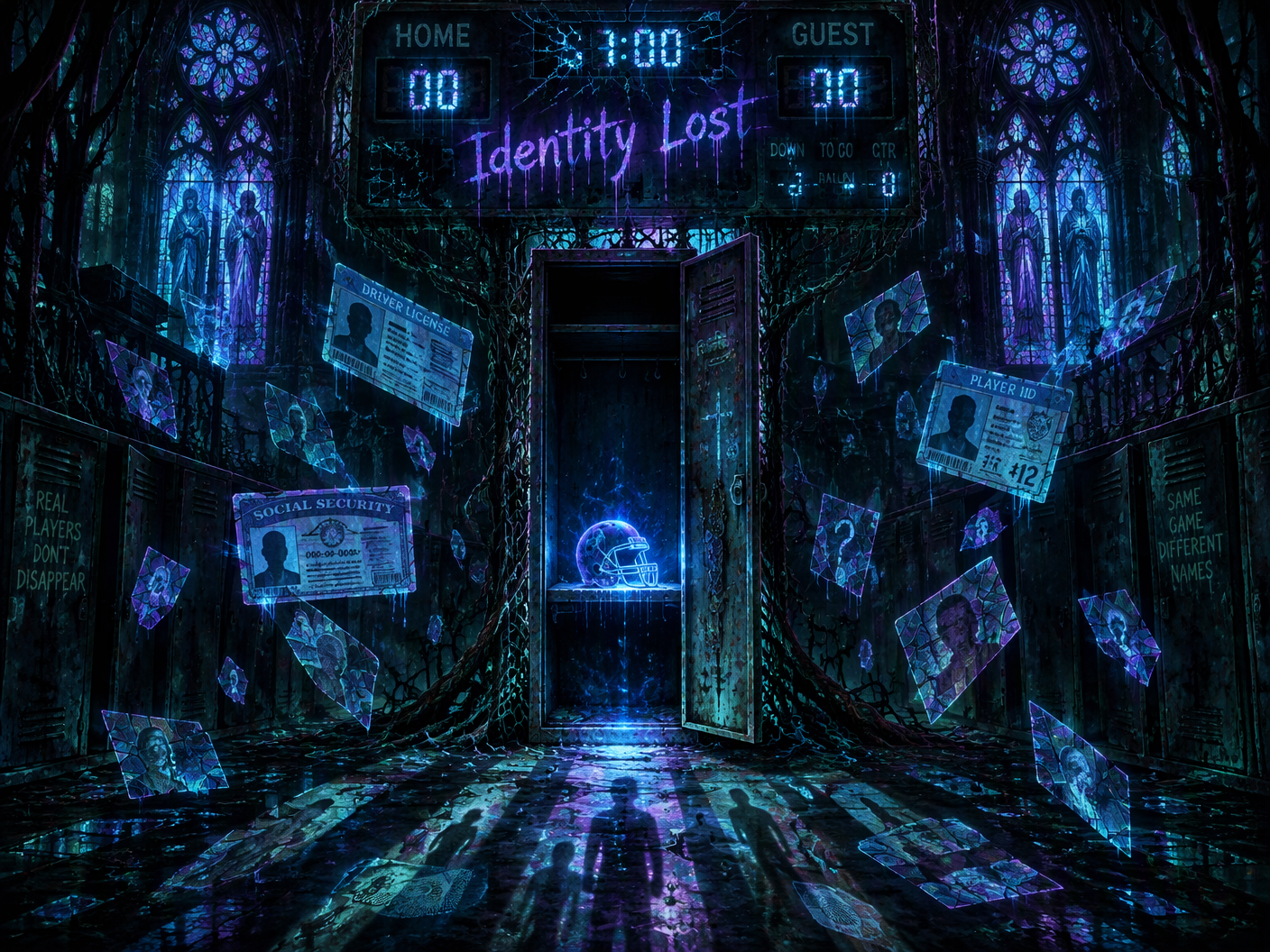 A gothic neon fantasy locker room transformed into a haunted cathedral with an open empty locker glowing faintly; ghostly player IDs and social security cards float in neon light; a broken scoreboard flickers 'Identity Lost' above, all rendered in intricate linework and dark neon blues and violets, symbolizing deception and vanished identity in football.