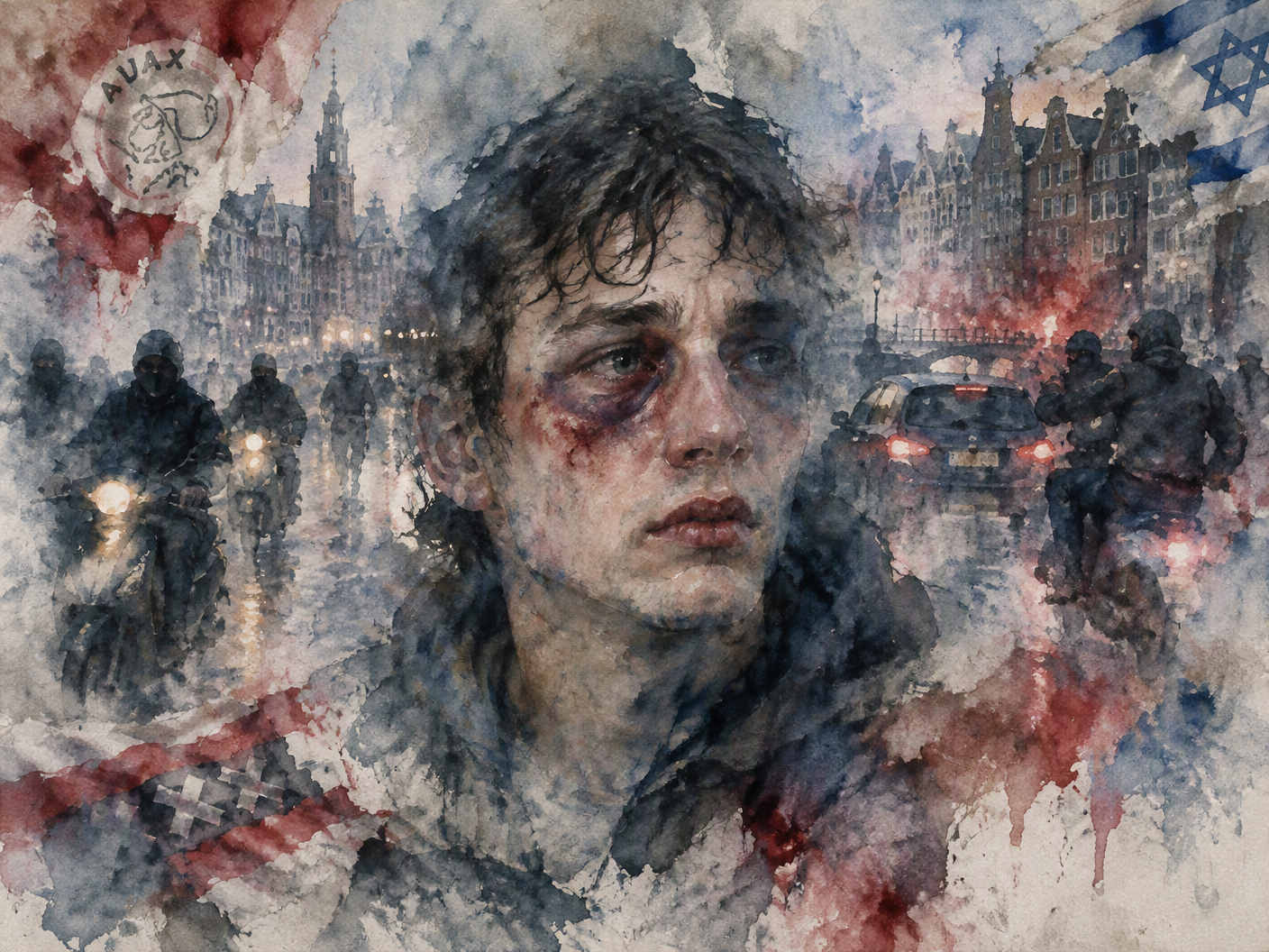 Watercolor expressionist image showing a bruised young man’s face in soft transparent layers, surrounded by blurred, shadowy figures on mopeds within a fading Amsterdam cityscape; colors bleed and dissolve, evoking pain and ephemeral memories of post-match violence.