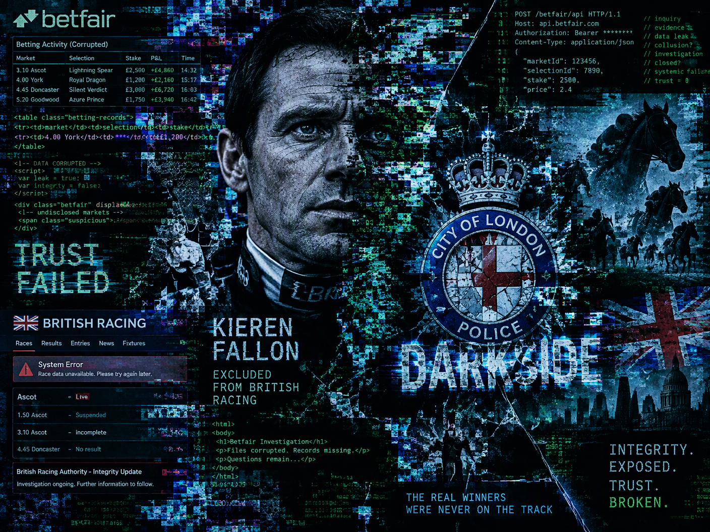 Glitched digital portrait of jockey Kieren Fallon with broken betting records and corrupted code overlays symbolizing his Betfair race-fixing charges and British riding ban, rendered in cold neon blues and greens with flickering police badge and fragmented horse silhouettes.