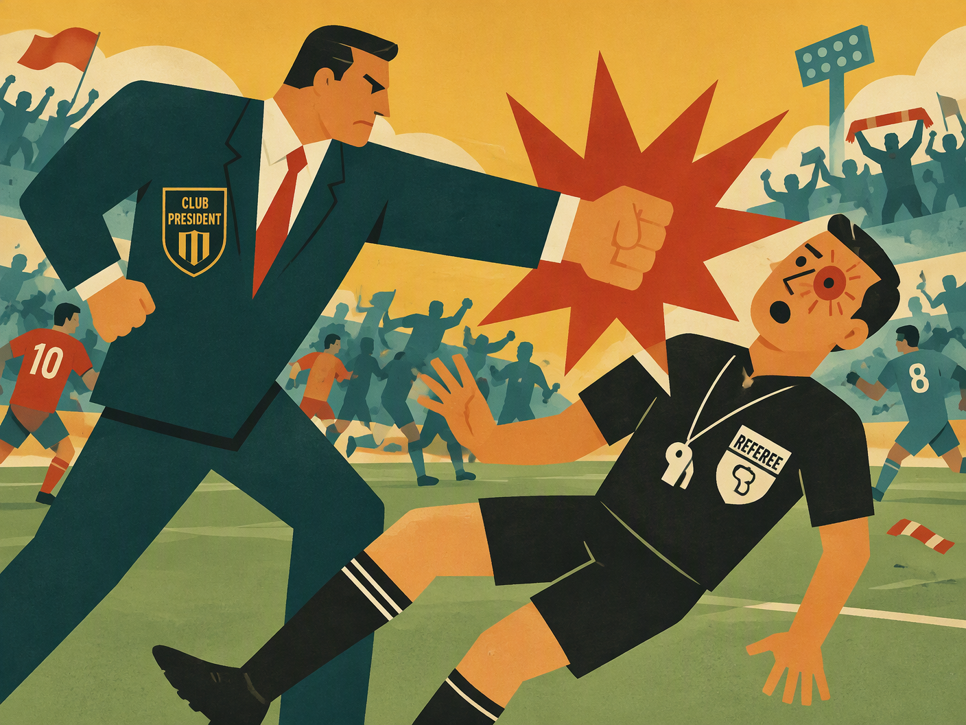 Mid-century modern illustration of a club president punching a referee who is falling back with an injury symbol near his eye, with abstract football players and fans in the background, rendered in warm modernist colors and clean shapes.