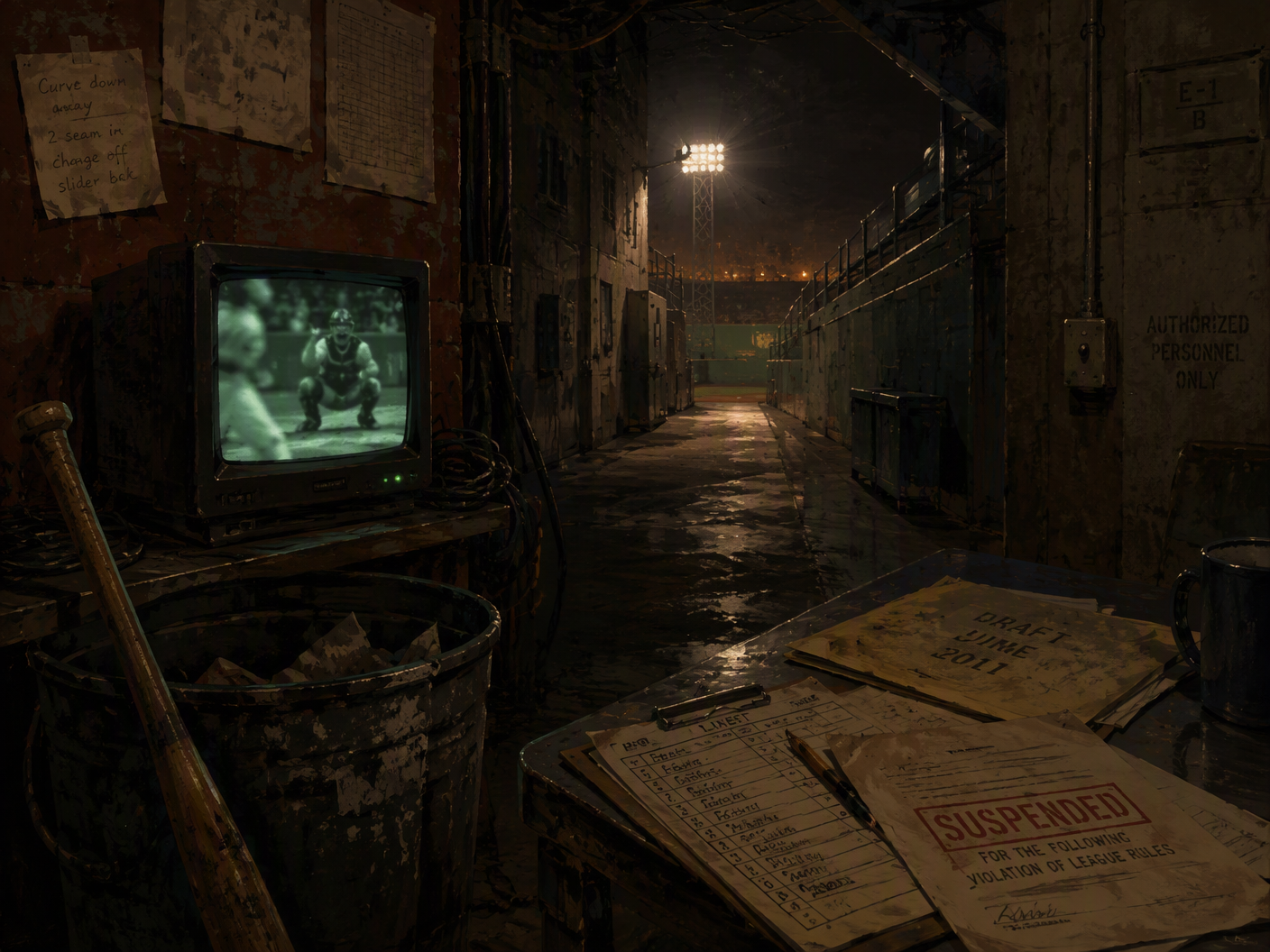 A gouache painting shows a dim stadium service corridor with a glowing monitor, a metal trash can, a wooden bat, cables, and league paperwork on a table, while bright field lights recede in the background.