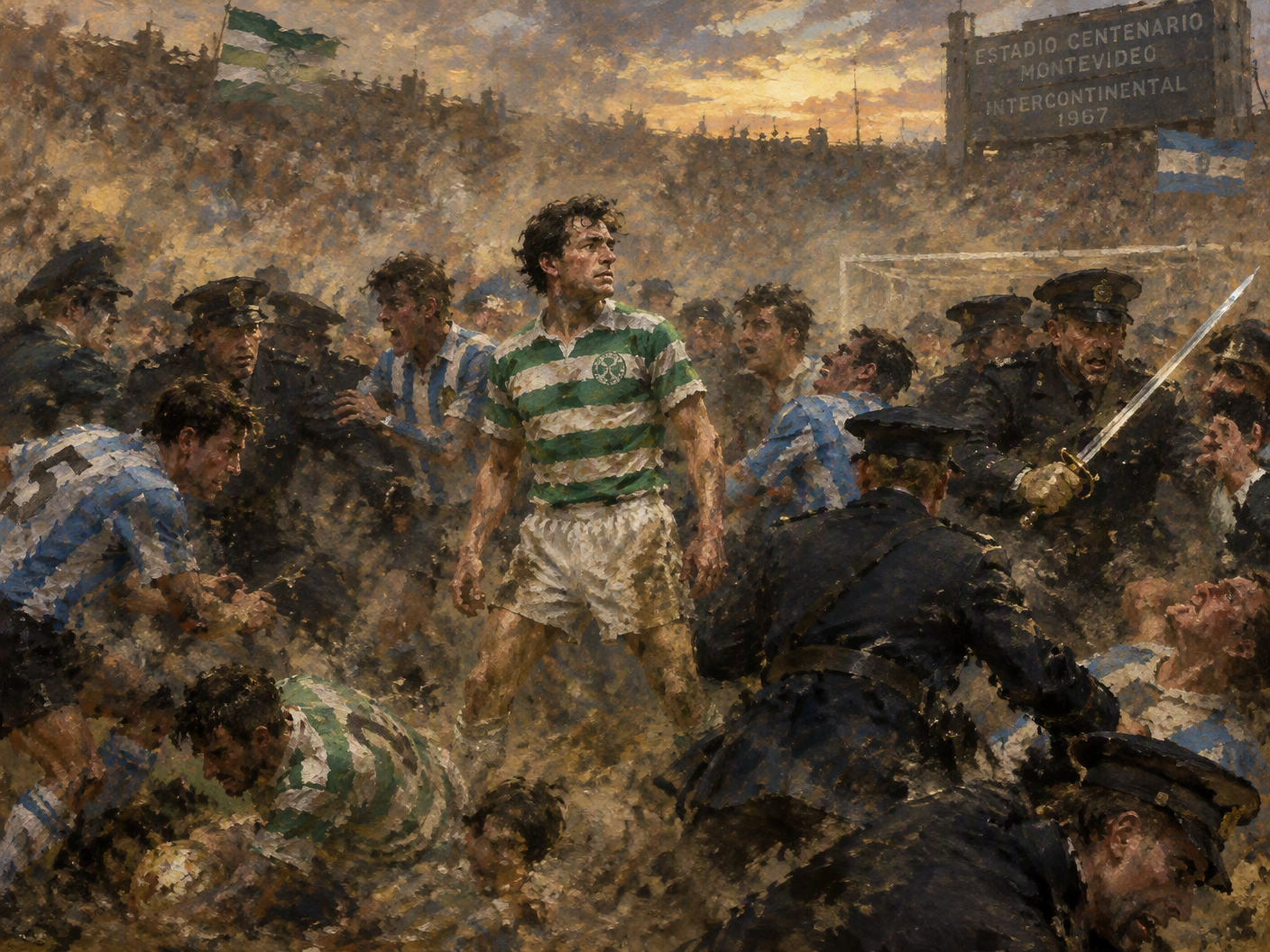 Impressionistic painting of the 1967 Intercontinental Cup final play-off chaos between Celtic and Racing Club, featuring blurred figures, swirling haze, and a defiant Bertie Auld amid a tense, charged atmosphere.