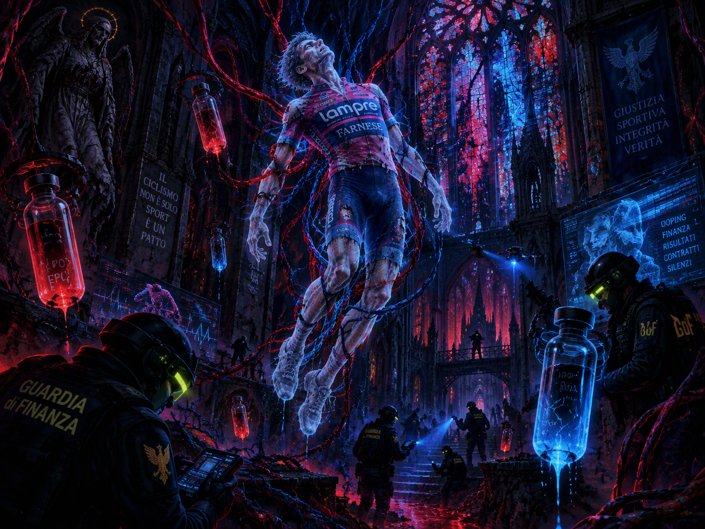 A ghostly cyclist in tattered team kit is suspended by glowing organic cables inside a dark, dystopian gothic cathedral filled with neon-lit futuristic police officers searching and strange glowing vials, symbolizing a haunted doping investigation and a five-year suspension.