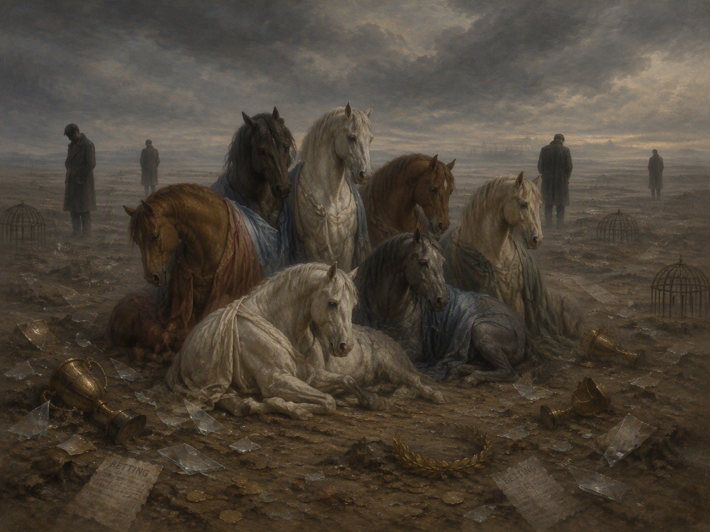 Seven horses in a muted, desolate landscape with four shadowed men standing apart; subtle symbols of broken betting paraphernalia and cages blend into the ground, evoking psychological solitude and memory after horse fighting.