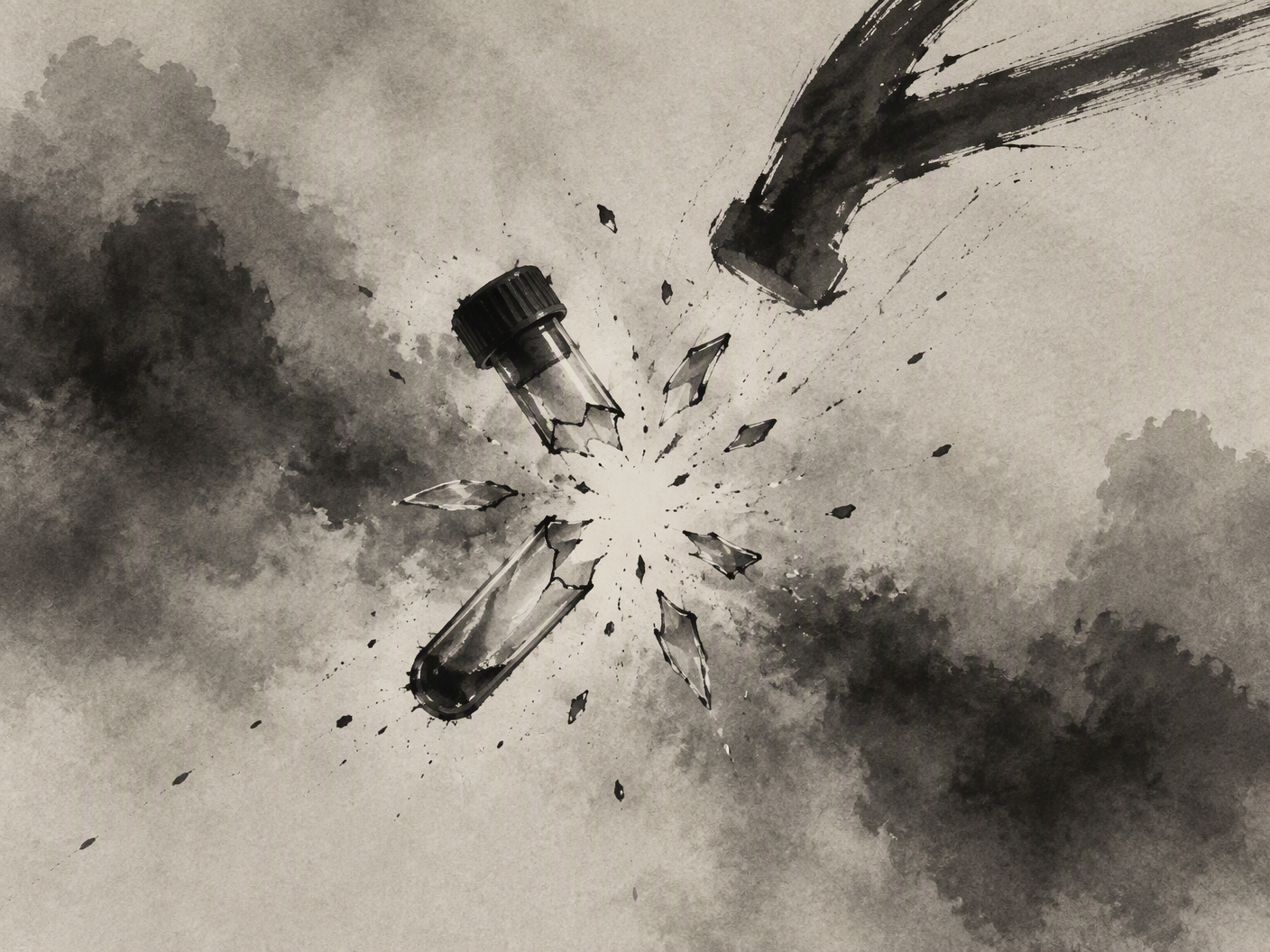 Monochromatic ink wash scene showing a broken blood vial suspended in misty negative space, symbolizing disruption and absence.