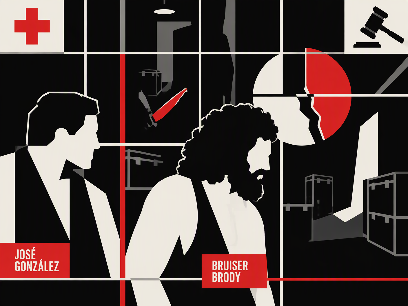 Bauhaus-style graphic with geometric silhouettes and red highlights depicting a backstage stabbing scene, broken circle symbolizing fractured trust, and legal symbols representing trial and acquittal.