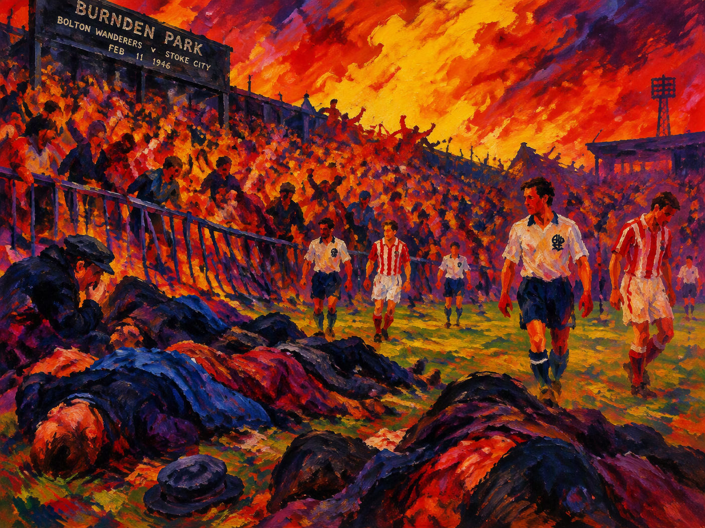 Fauvist painting of a football terrace overcrowded with abstract, anguished figures in reds and purples, fallen bodies near the pitch covered with dark shapes, ghostly players in heated colors, and distorted steel barriers bending under pressure, symbolizing the 1946 Burnden Park disaster.