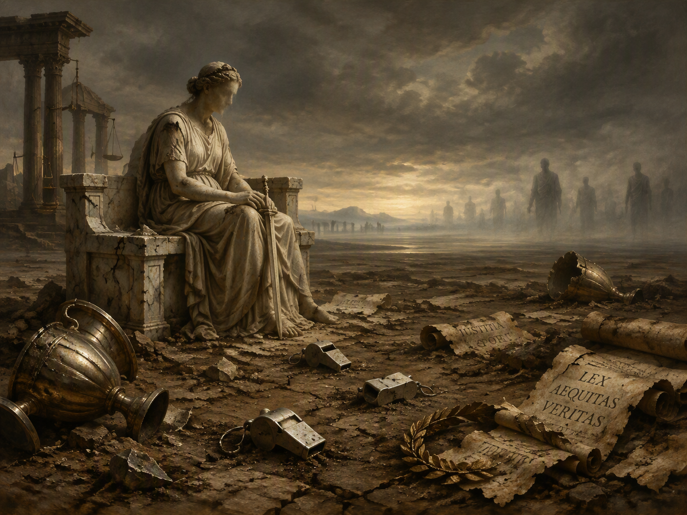 A solitary classical figure seated alone in a vast, empty, decaying courtroom open to a misty horizon, surrounded by broken football trophies and faded legal scrolls, symbolizing incomplete justice and lingering memory from the Calciopoli trials.