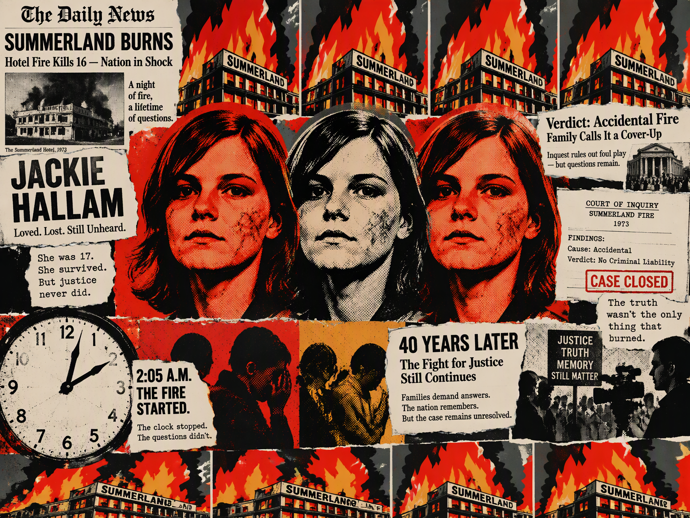Pop Art style multilayered image featuring repeated halftone portrait of scarred survivor Jackie Hallam, fiery red and gray flames engulfing Summerland building panels, overlaid with black-and-white newspaper clippings and legal documents, symbolizing loss, contested verdicts, and decades-long quest for truth.