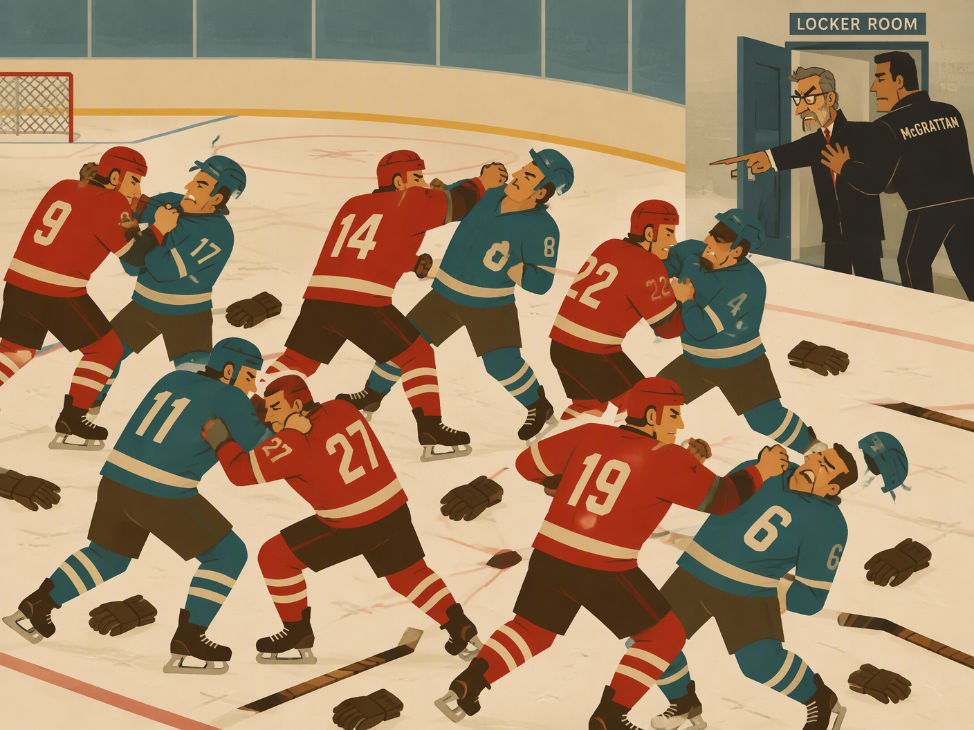Stylized mid-century modern illustration showing ten hockey players fighting on the ice in simplified, angular forms, with a secondary scene of coach John Tortorella being pushed away from the Calgary locker room, rendered in warm muted colors with clean shapes.