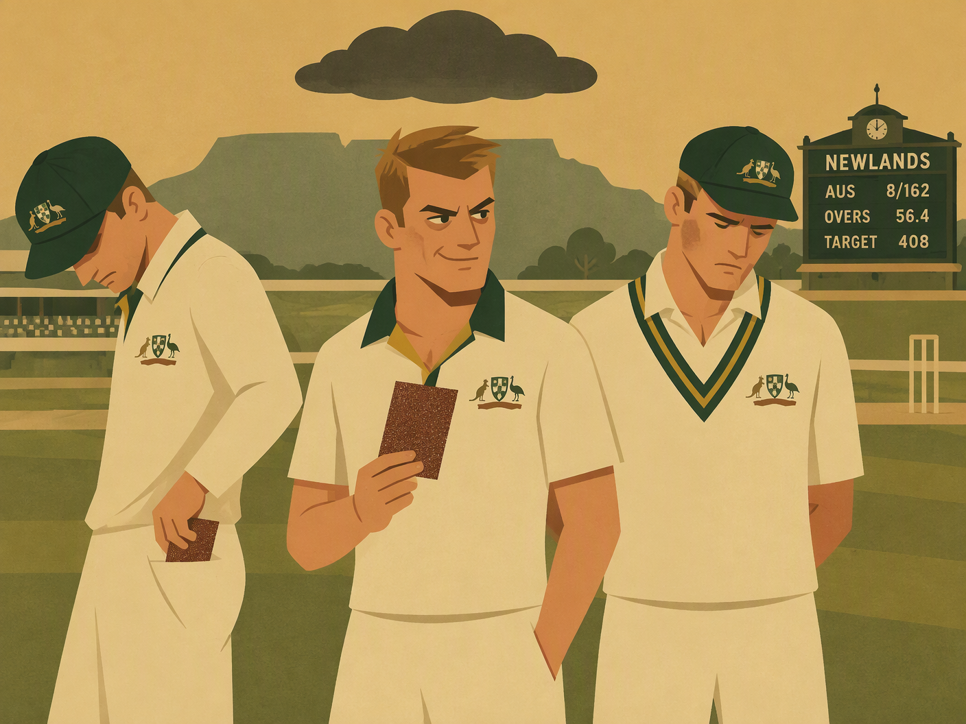 Mid-Century Modern illustration of three simplified cricket players with warm colors and clean shapes; one holding sandpaper, one hiding it, and one contemplative, set against a minimal cricket field background with a vintage scoreboard reading Newlands.