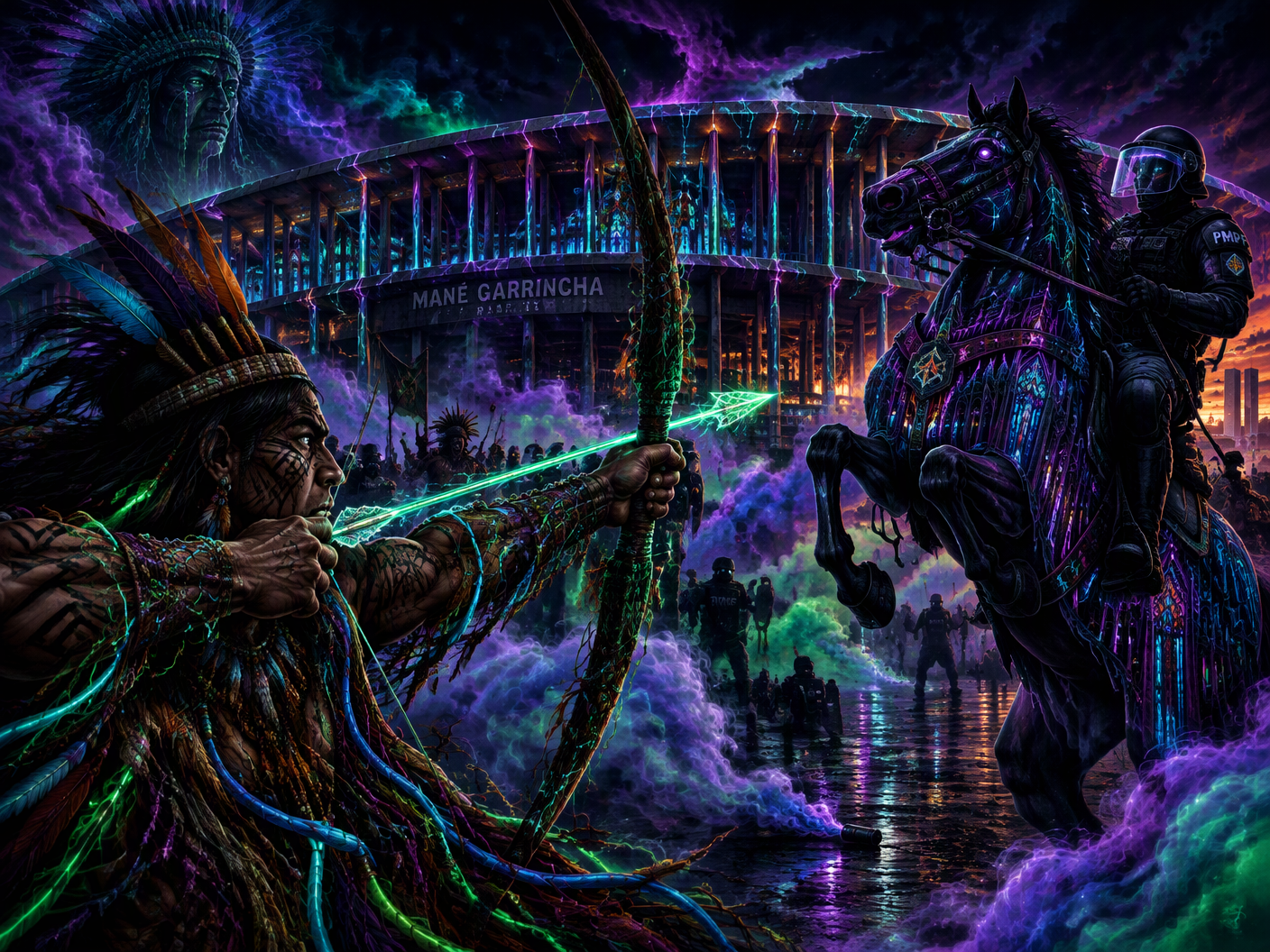 Neon-lit scene of an Indigenous warrior shooting a glowing arrow at a mounted police officer amid swirling neon tear gas outside the futuristic, cathedral-like Mané Garrincha stadium in Brasília during a 2014 protest.