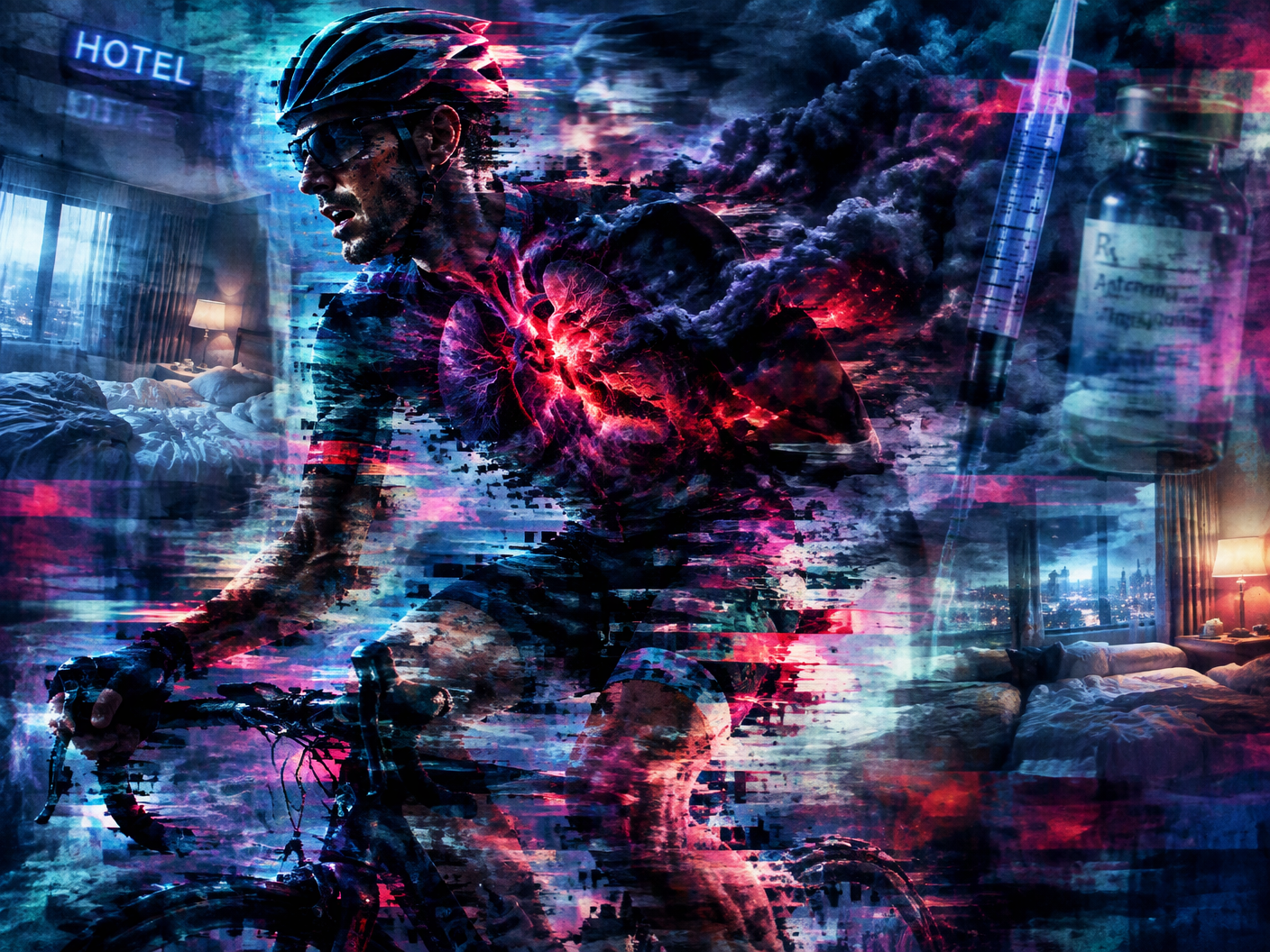 A melting, pixel-distorted cyclist figure dissolving into neon glitches and dark clouds, symbolizing Frank Vandenbroucke’s pulmonary embolism and blurred circumstances of death in a surreal hotel room setting.