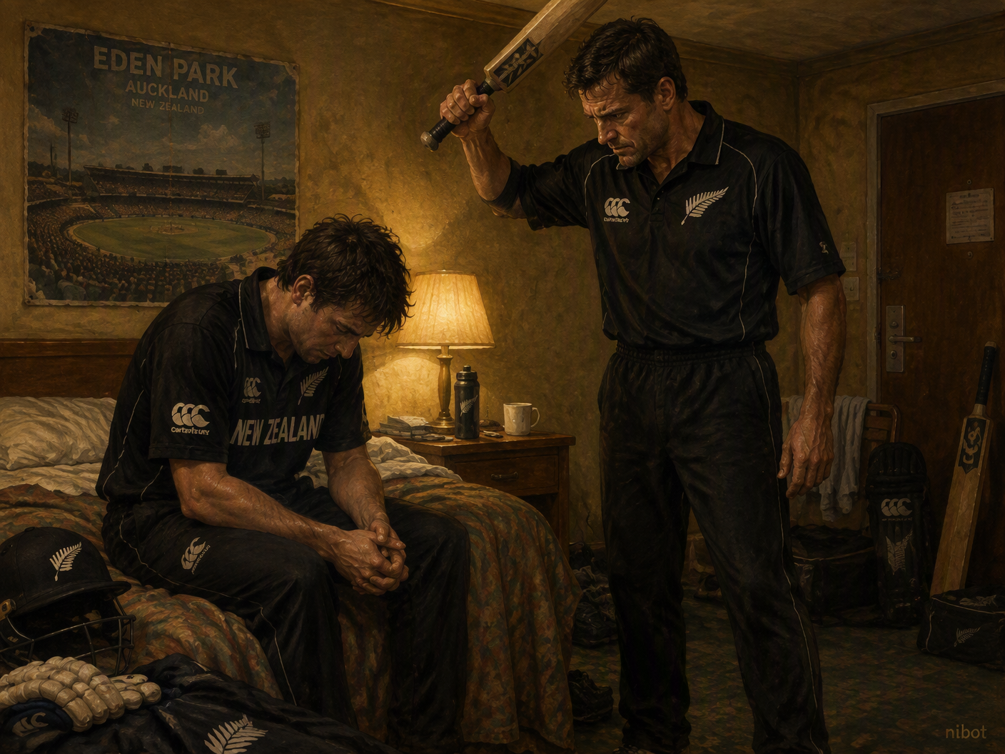 Painting of two New Zealand cricketers in a dim hotel room; one sits nervously on a bed, the other stands over him holding a cricket bat above his head. The scene captures fear, intimidation, and the burden of fixing matches.