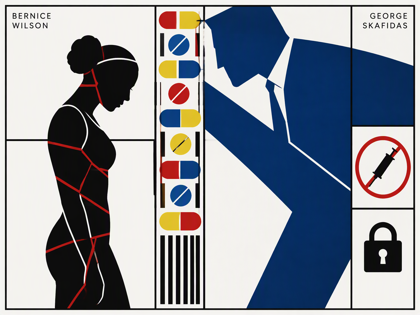 Abstract Bauhaus-style editorial illustration showing a fragmented female athlete figure in black silhouette fractured by red lines, opposite an angular dark blue male figure looming over her. Between them, primary colored blocks symbolizing doping pills, set on a white background with minimal black grid lines, conveying control, pressure, and isolation in a doping scandal.
