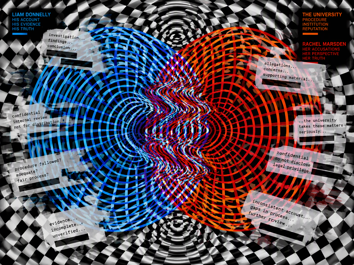 An abstract Op Art image with overlapping warped grids in blue and red hues, set against a black and white chequered background, symbolizing conflict and instability in a university controversy.