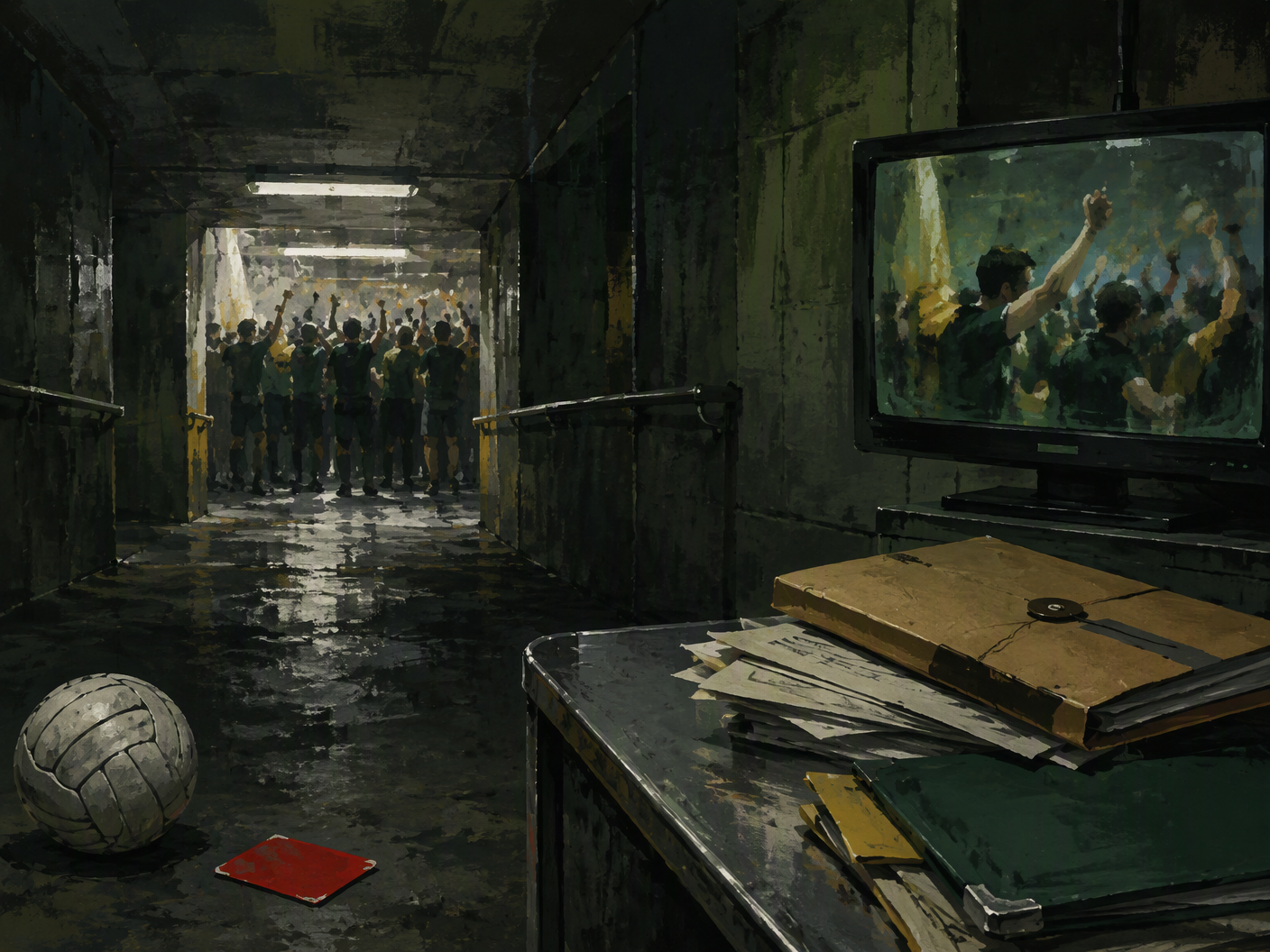 A painted concrete stadium tunnel contains a red card, a football, committee papers, and a television showing blurred figures in a melee.