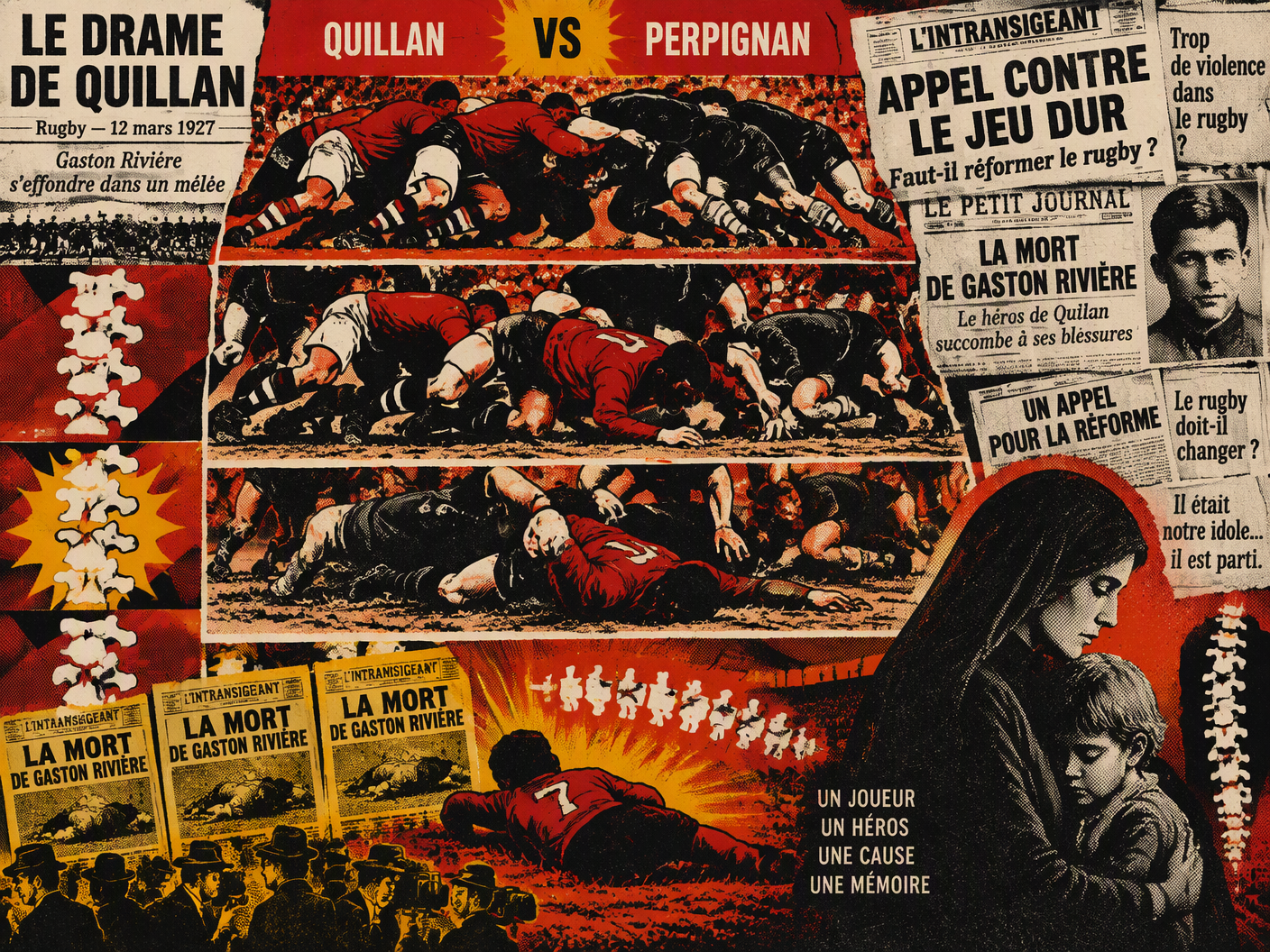 Pop Art style screen-print illustration showing repeated panels of a rugby scrum collapsing, with Gaston Rivière’s silhouette falling amid graphic symbols of broken vertebrae, newspaper headlines, and a ghostly family figure, rendered in bold reds, black, and white to dramatize the 1927 fatal injury and public mourning.