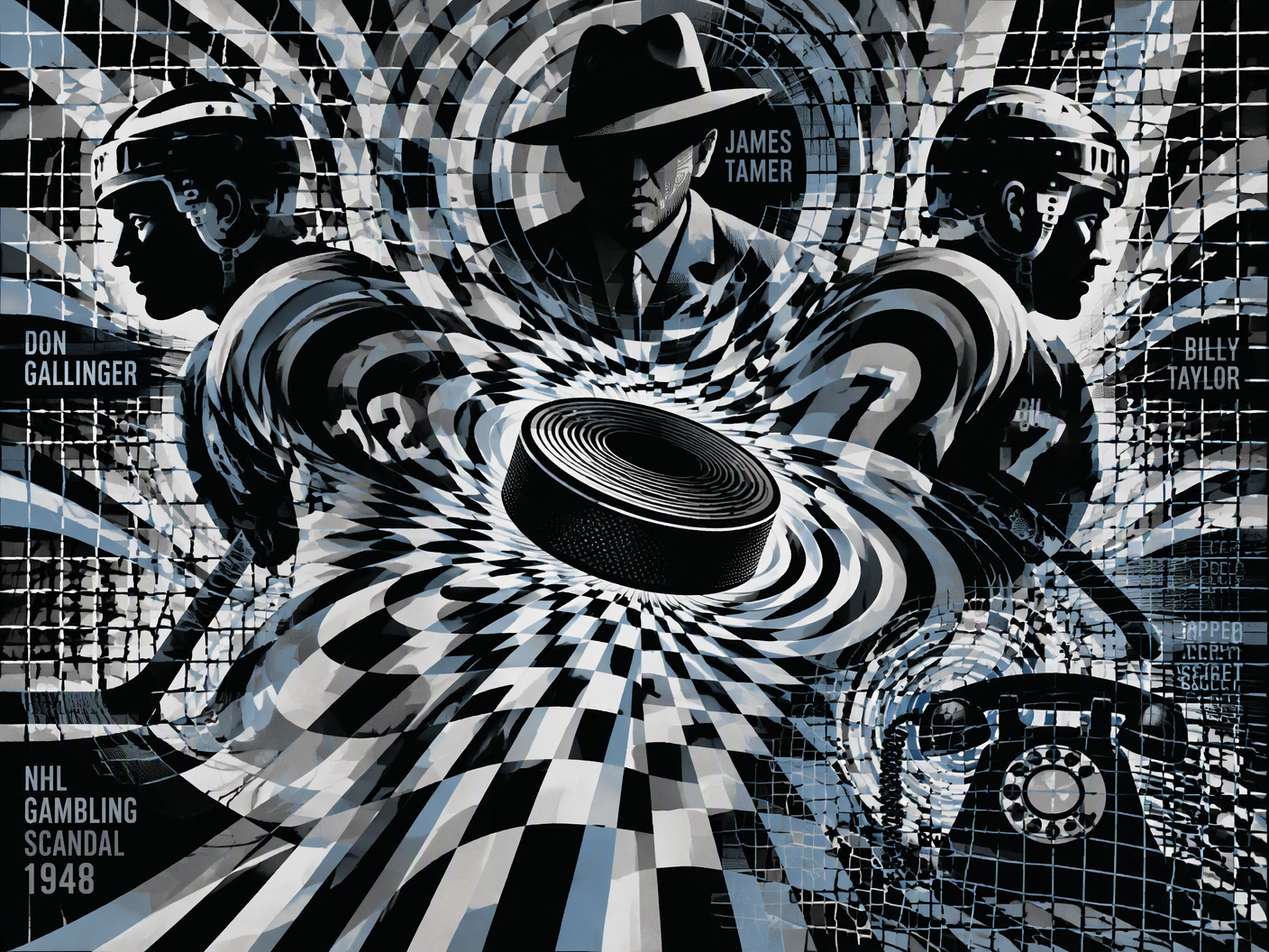 Abstract Op Art image with warped black and white grids, overlapping concentric circles and fragmented silhouettes of two hockey players turning away from each other, centered on a distorted hockey puck and a stylized telephone, creating a hypnotic visual evoking scandal and uncertainty in 1948 NHL gambling penalties.