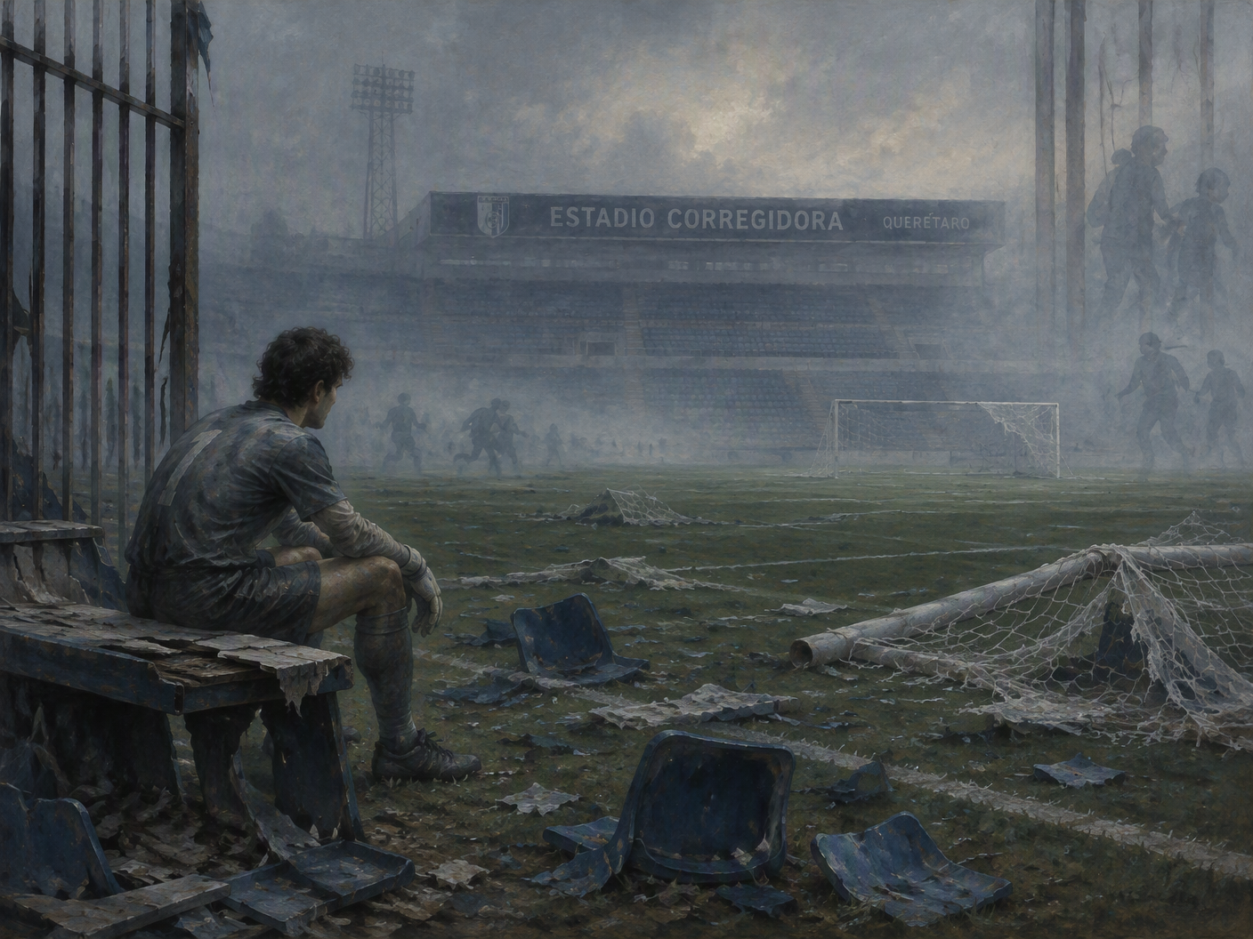 Desolate Estadio Corregidora pitch with a solitary classical figure seated on a broken bench surrounded by shattered chairs and torn goal nets, under muted gray-blue tones, conveying silence and psychological solitude after a violent riot.