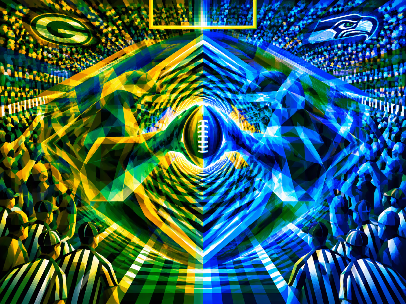 Abstract chromatic op art portraying the disputed 2012 Seahawks-Packers touchdown with overlapping radiant geometric shapes locked in conflict over a pulsating football symbol, rendered in electric greens, blues, and golds, conveying tension and controversy through optical vibration and concentrated symmetry.
