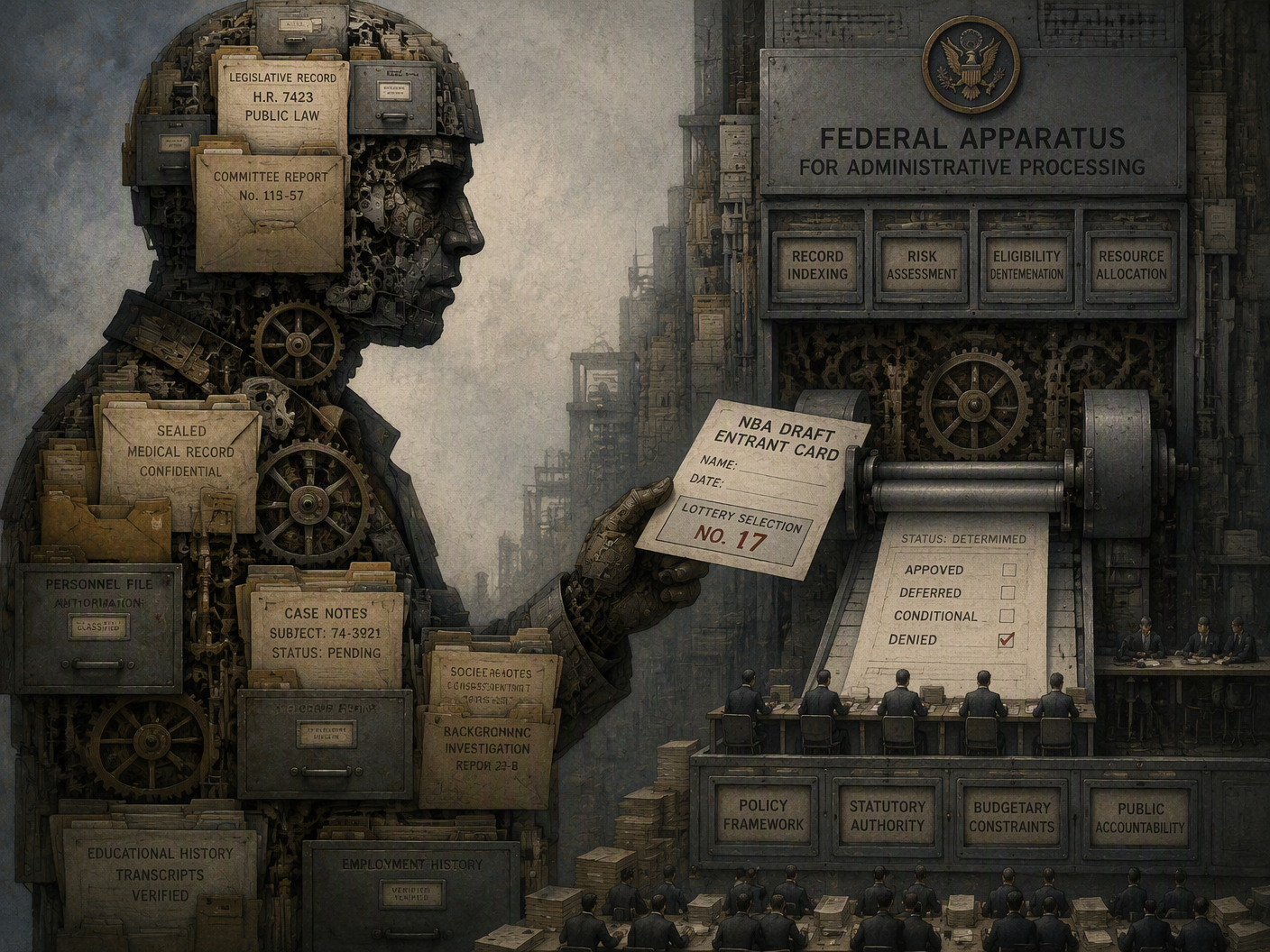 A human silhouette made of filing cabinets and documents stands beside interlocking gears marked by a draft card, a sealed medical envelope, court papers, and a federal law folder.