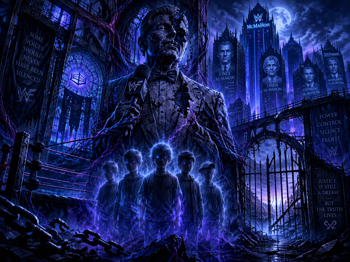 Gothic neon fantasy scene of a ruined wrestling arena resembling a haunted cathedral, with ghostly boys standing together in the foreground, a cracked spectral statue representing Mel Phillips above them, and towering neon-lit corporate buildings symbolizing the McMahon family looming in the background under dark skies.
