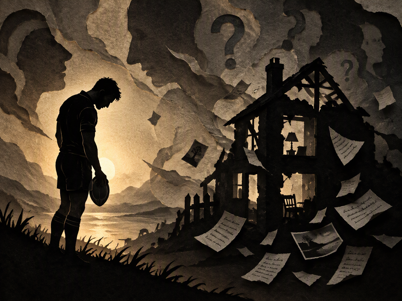 Silhouette cut-paper image showing a bowed rugby player holding a ball beside a fragmented house with fluttering notes, surrounded by shadowy question marks and faces, symbolizing uncertainty and tragedy.