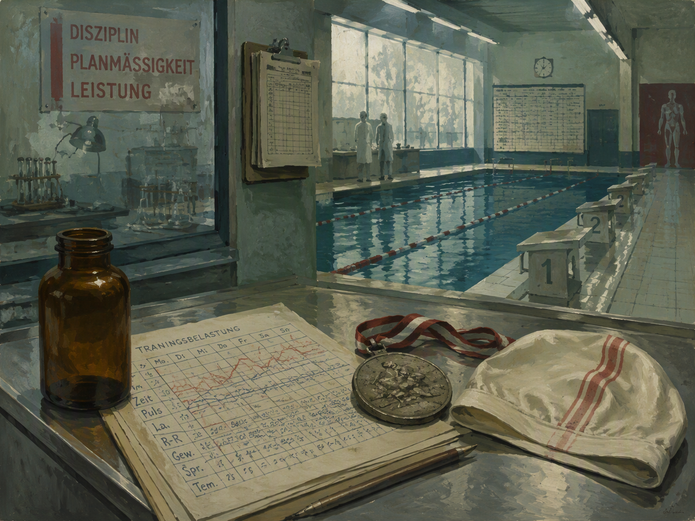A gouache painting of an East German-era laboratory table holding an amber medicine bottle, training papers, a medal, and a swim cap, with an empty indoor pool and fluorescent lights in the background.