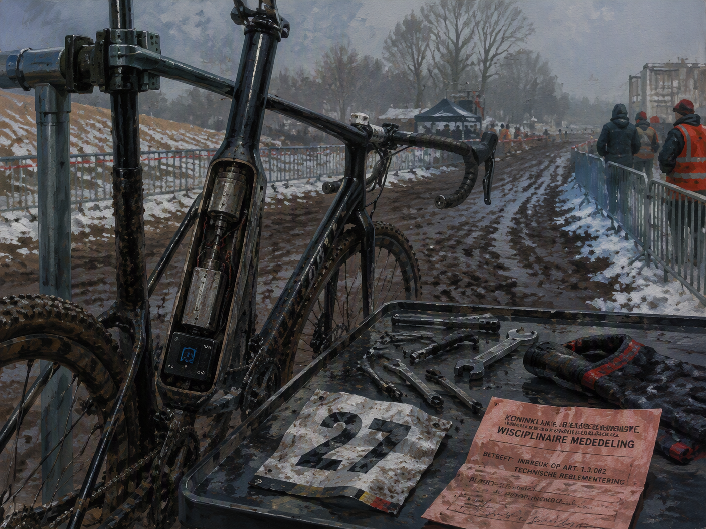 A muddy black cyclo-cross bicycle sits on an inspection stand with its seat tube opened to reveal a small motor and battery, surrounded by tools and paperwork beside a foggy winter race course.