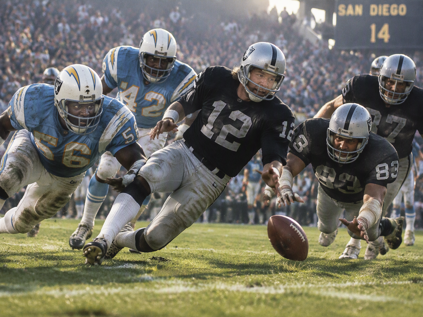 Oakland Raiders quarterback Ken Stabler fumbling the football forward while Chargers defenders and Raiders players Pete Banaszak and Dave Casper scramble near the San Diego 14-yard line in the 1978 NFL game under stadium lights.