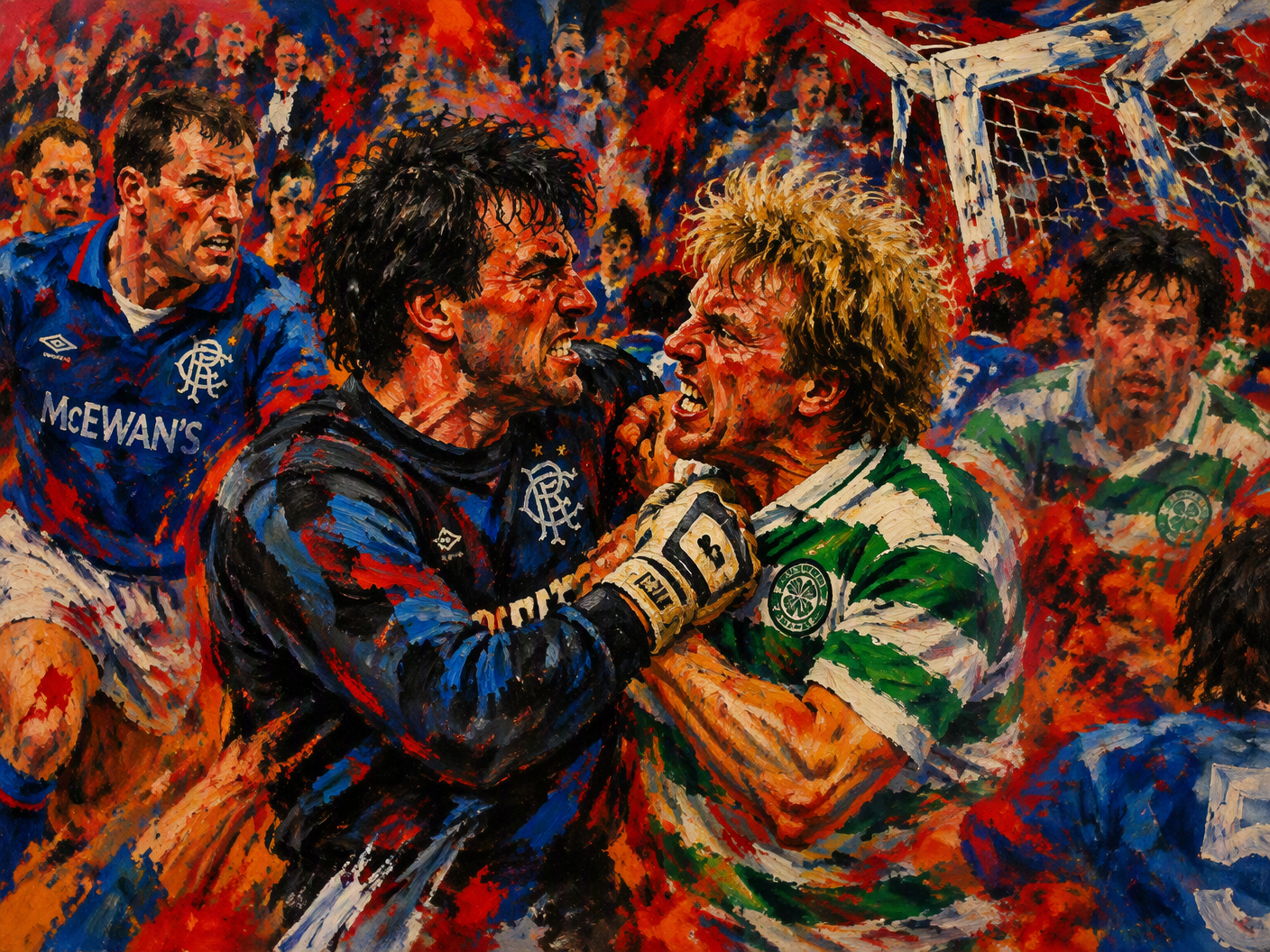 Abstract Fauvist painting showing Rangers and Celtic players in a violent clash on the football field with intense reds and blues, broad brush strokes, and distorted forms expressing emotional heat and tension.