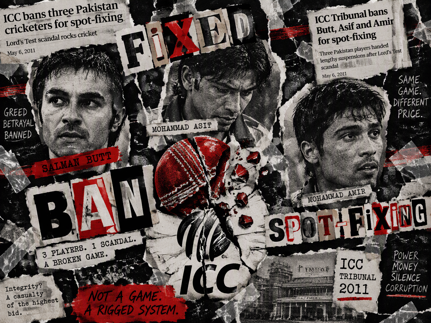 A torn photocopied collage showing fragmented faces of three Pakistani cricketers, ransom note style letters screaming 'FIXED' and 'BAN,' shattered cricket ball overlapping broken ICC logo, all in black, white, red, and grey with rough torn edges and grainy photocopy texture.