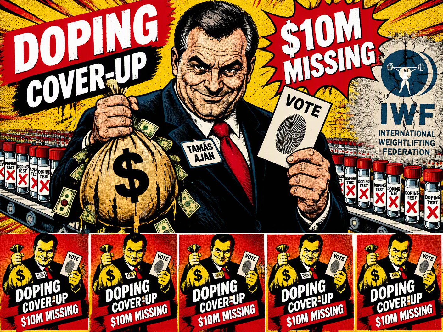 Pop art style illustration showing Tamás Aján holding a cash bag and a ballot with a fingerprint, surrounded by rows of doping test vials marked with red Xs, comic book explosion lines, and cracked IWF emblem symbolizing corruption and scandal.